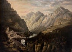 Paysage dramatique écossais de vallée de la rivière de l'huile avec pont, milieu du 19e siècle