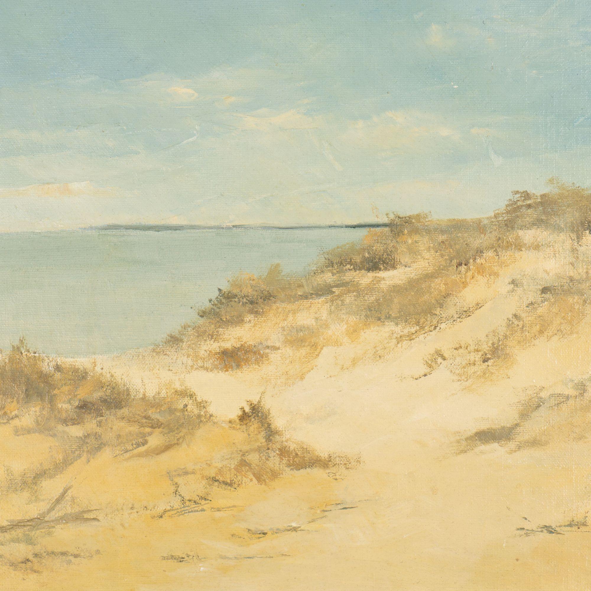 Oil on academy board view of Scottish seaside dunes and the water beyond.
Born in Scotland in 1949, John Bathgate grew up in the rolling Scottish Border country. His art education followed an apprenticeship style training with the artist and teacher