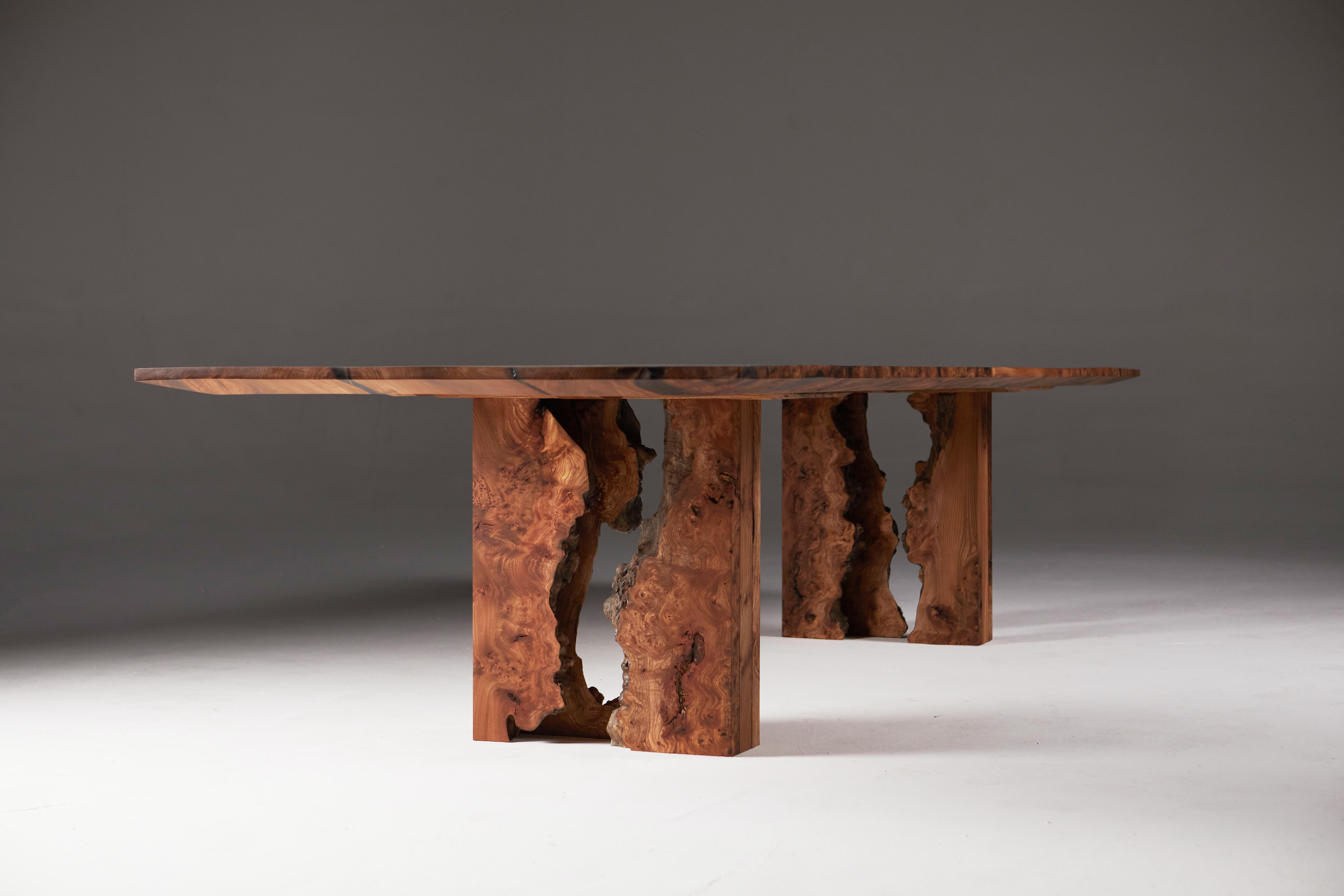 Scottish Burr Elm Table with Inverted Live Edge Legs and Book-matched Top.  For Sale 3