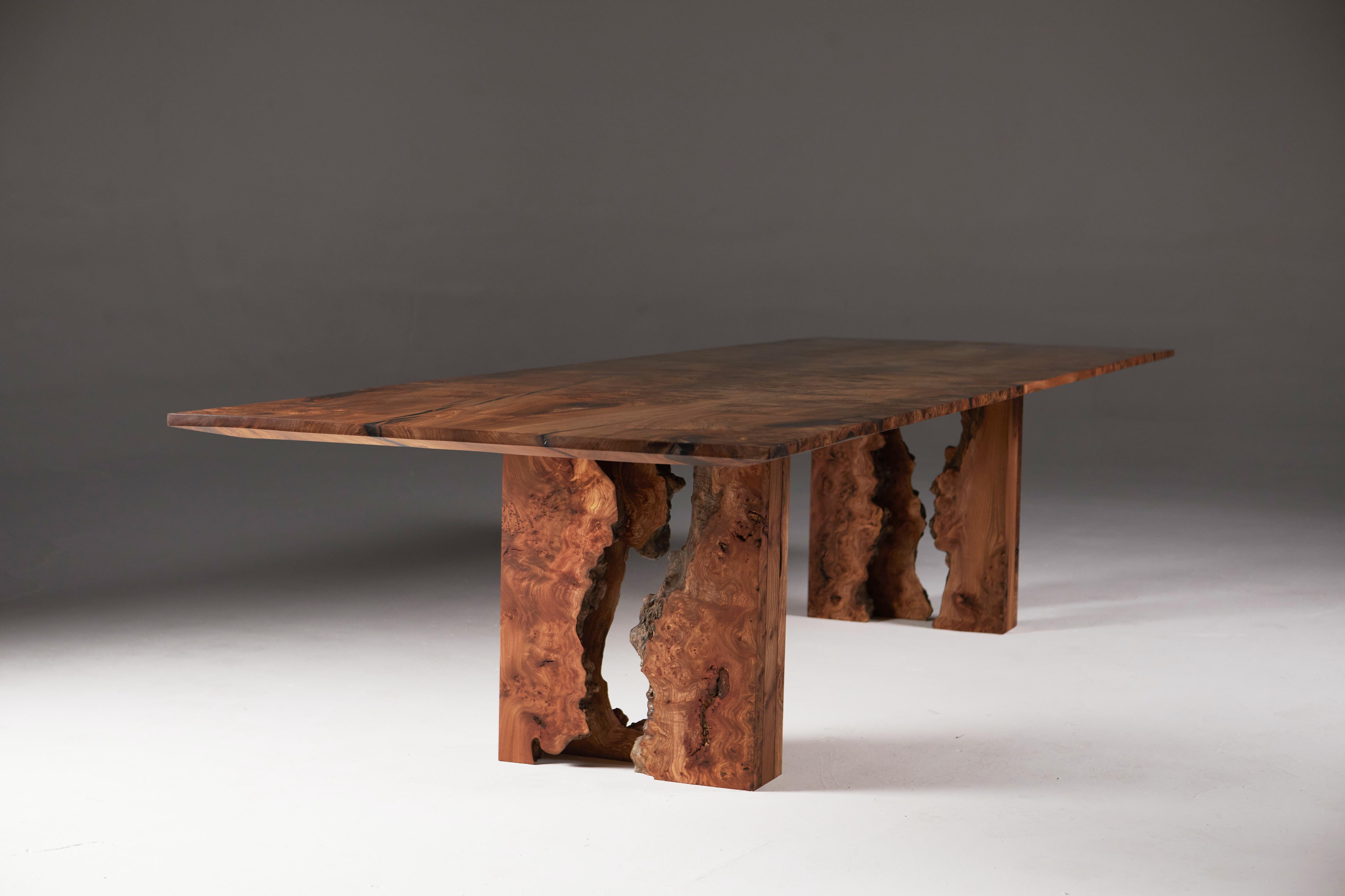 Scottish Burr Elm Table with Inverted Live Edge Legs and Book-matched Top.  For Sale 4