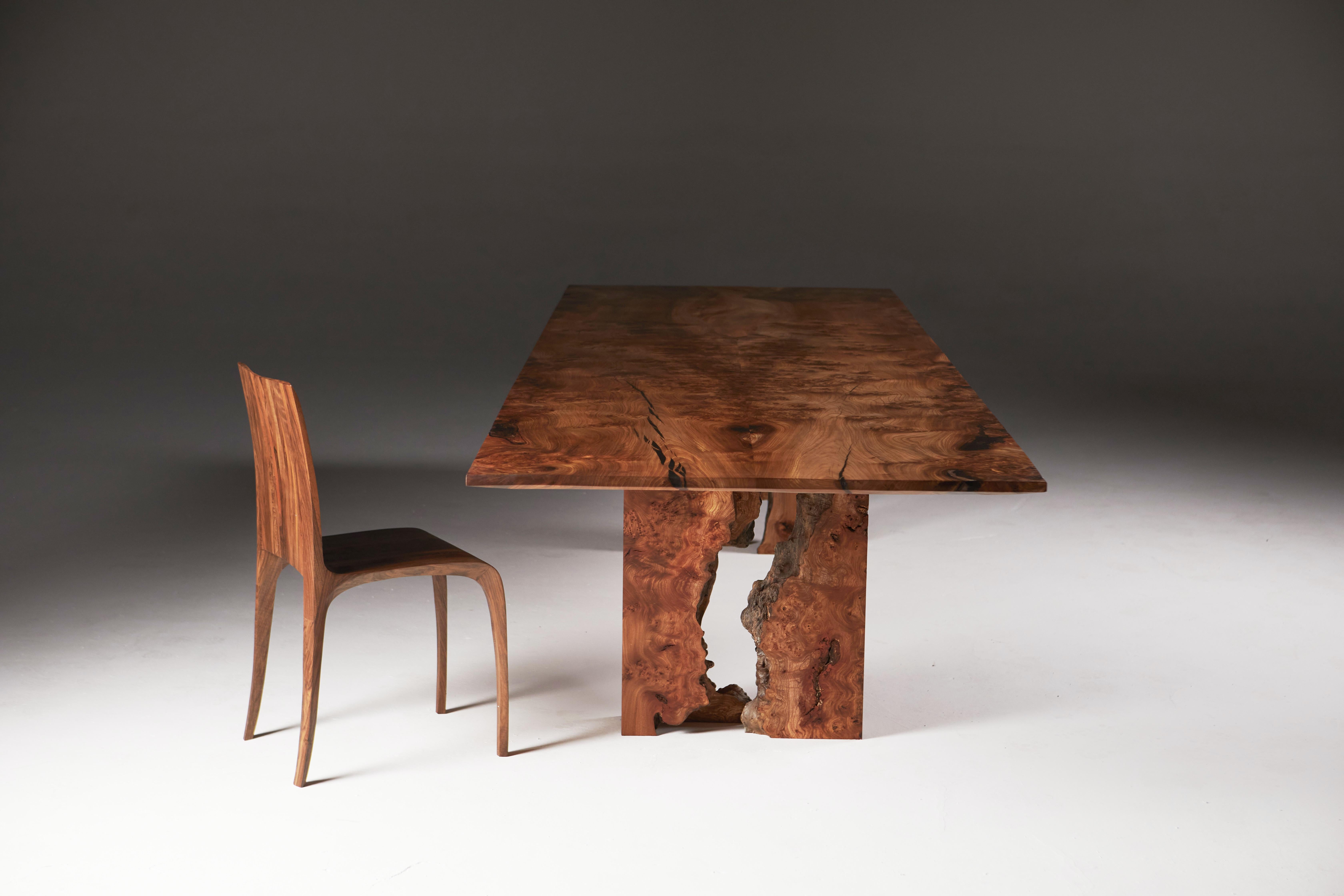 Scottish Burr Elm Table with Inverted Live Edge Legs and Book-matched Top.  For Sale 5
