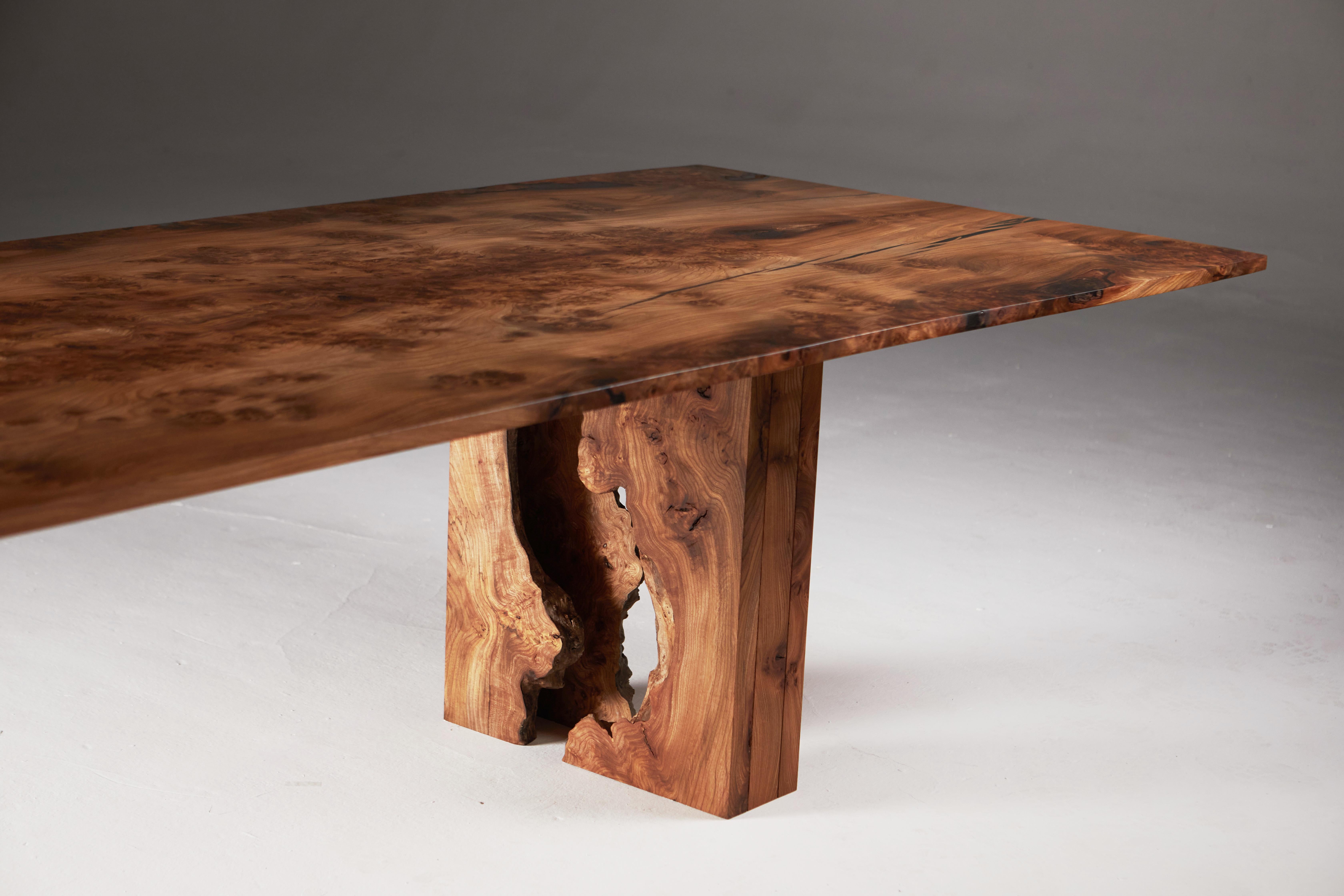 Scottish Burr Elm Table with Inverted Live Edge Legs and Book-matched Top.  For Sale 9