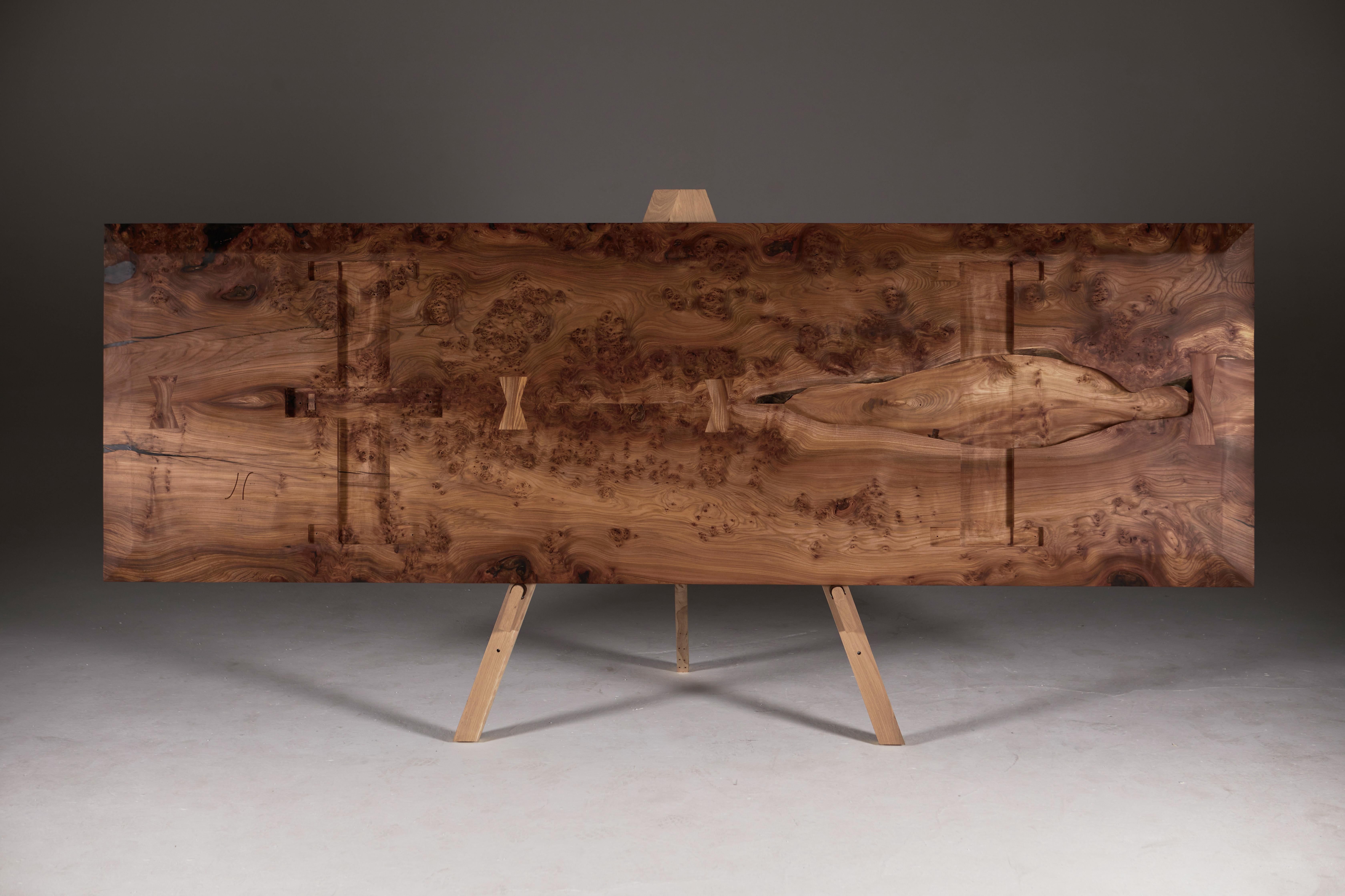 Scottish Burr Elm Table with Inverted Live Edge Legs and Book-matched Top.  For Sale 10