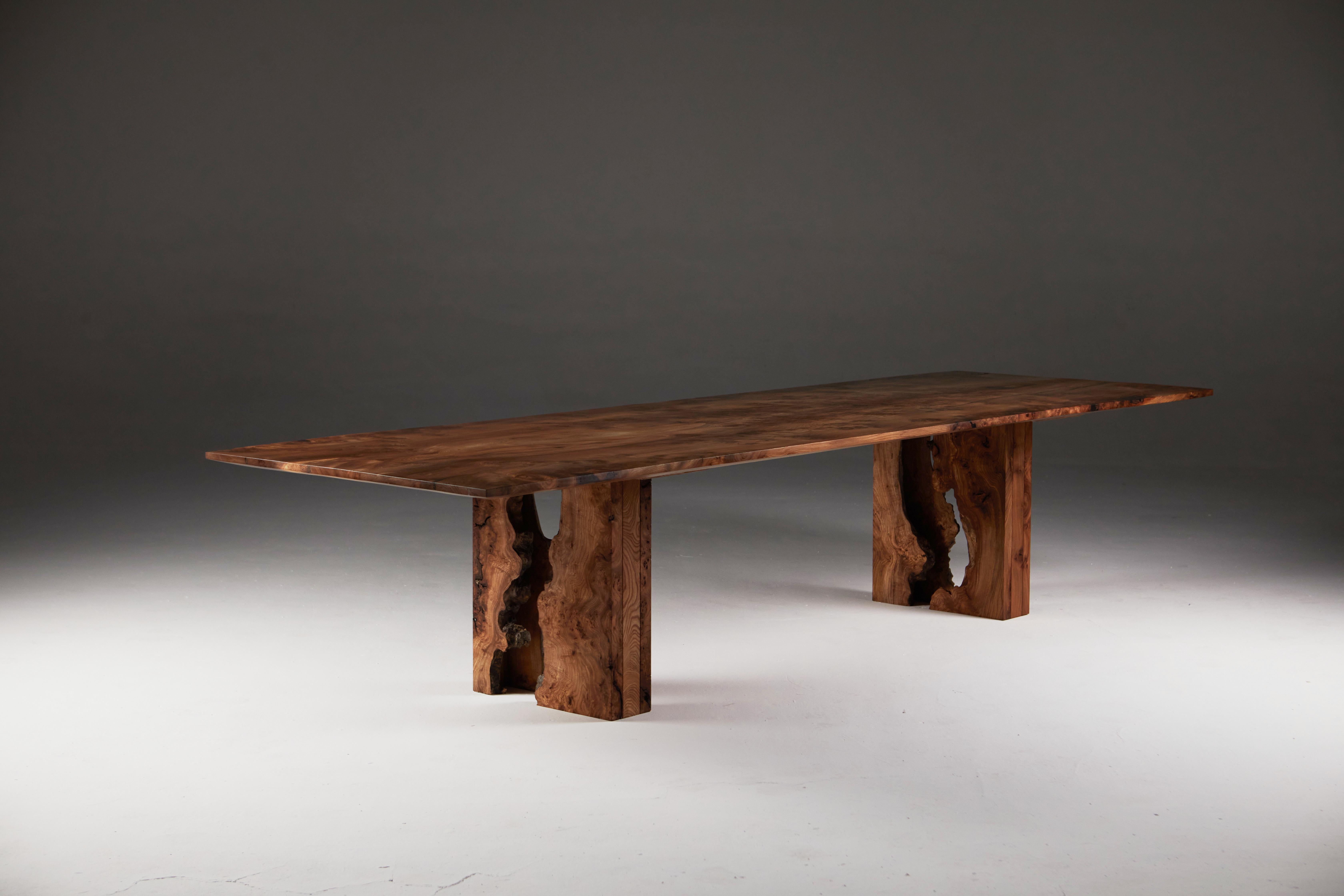 Oiled Scottish Burr Elm Table with Inverted Live Edge Legs and Book-matched Top.  For Sale