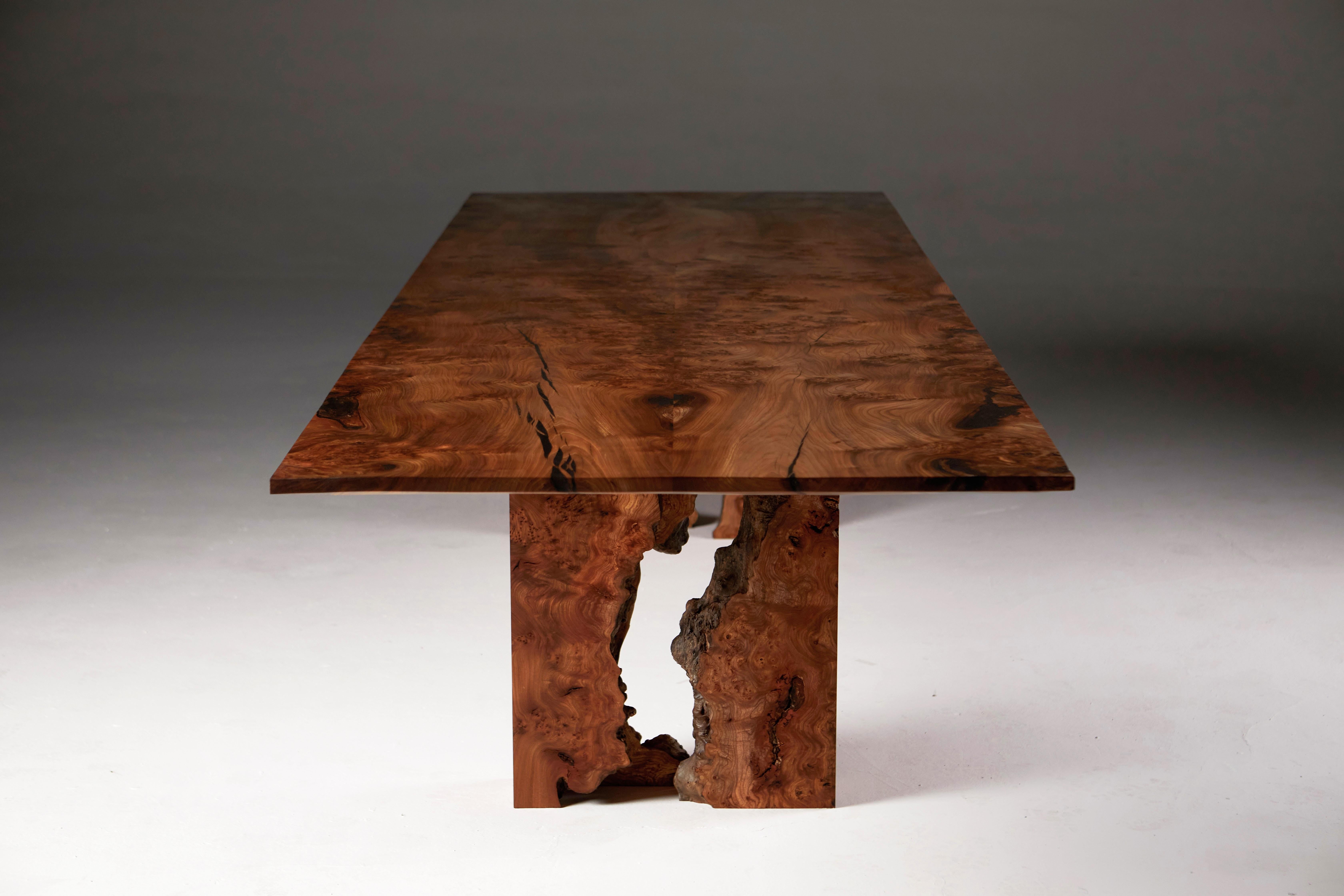 Contemporary Scottish Burr Elm Table with Inverted Live Edge Legs and Book-matched Top.  For Sale
