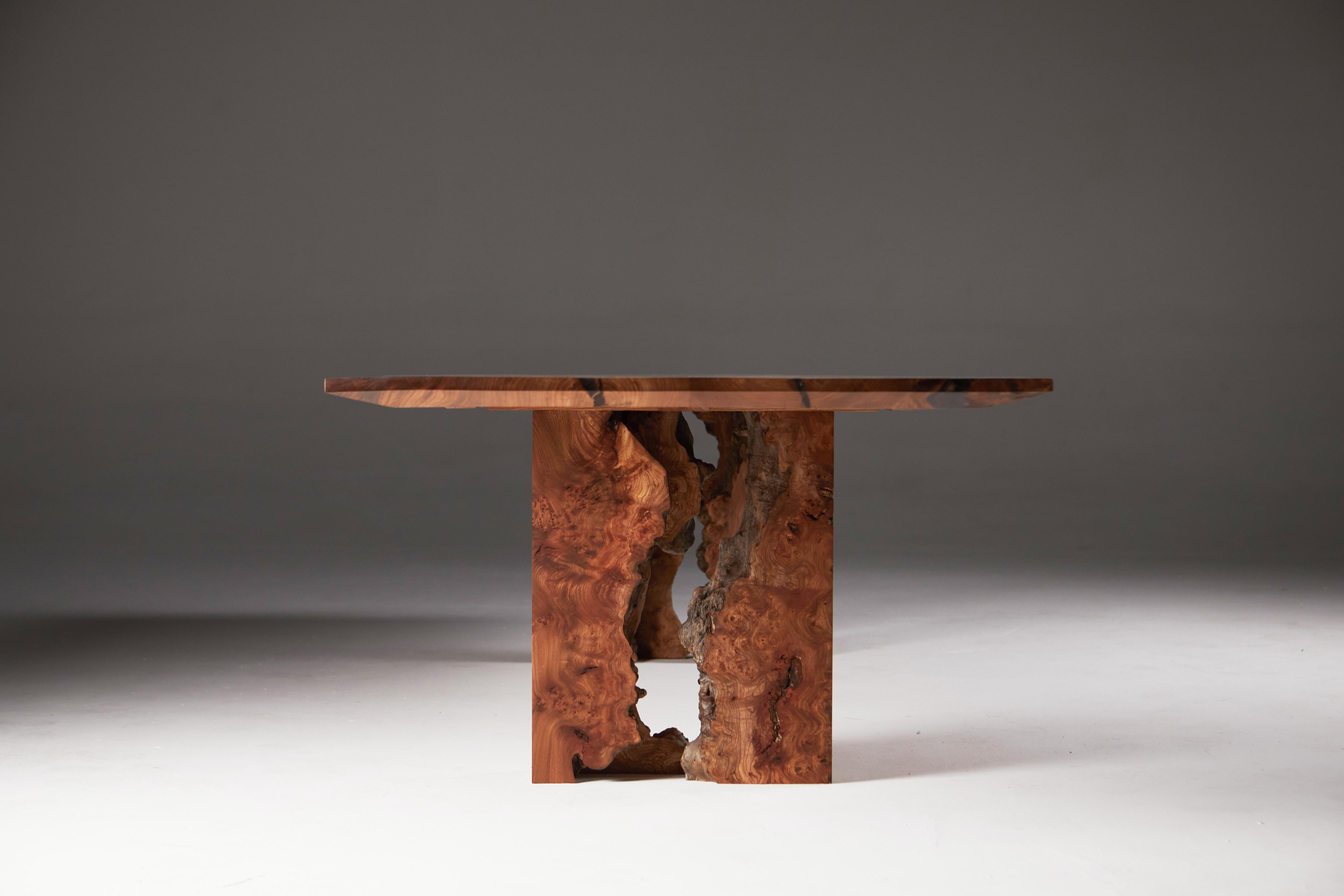 Scottish Burr Elm Table with Inverted Live Edge Legs and Book-matched Top.  For Sale 2