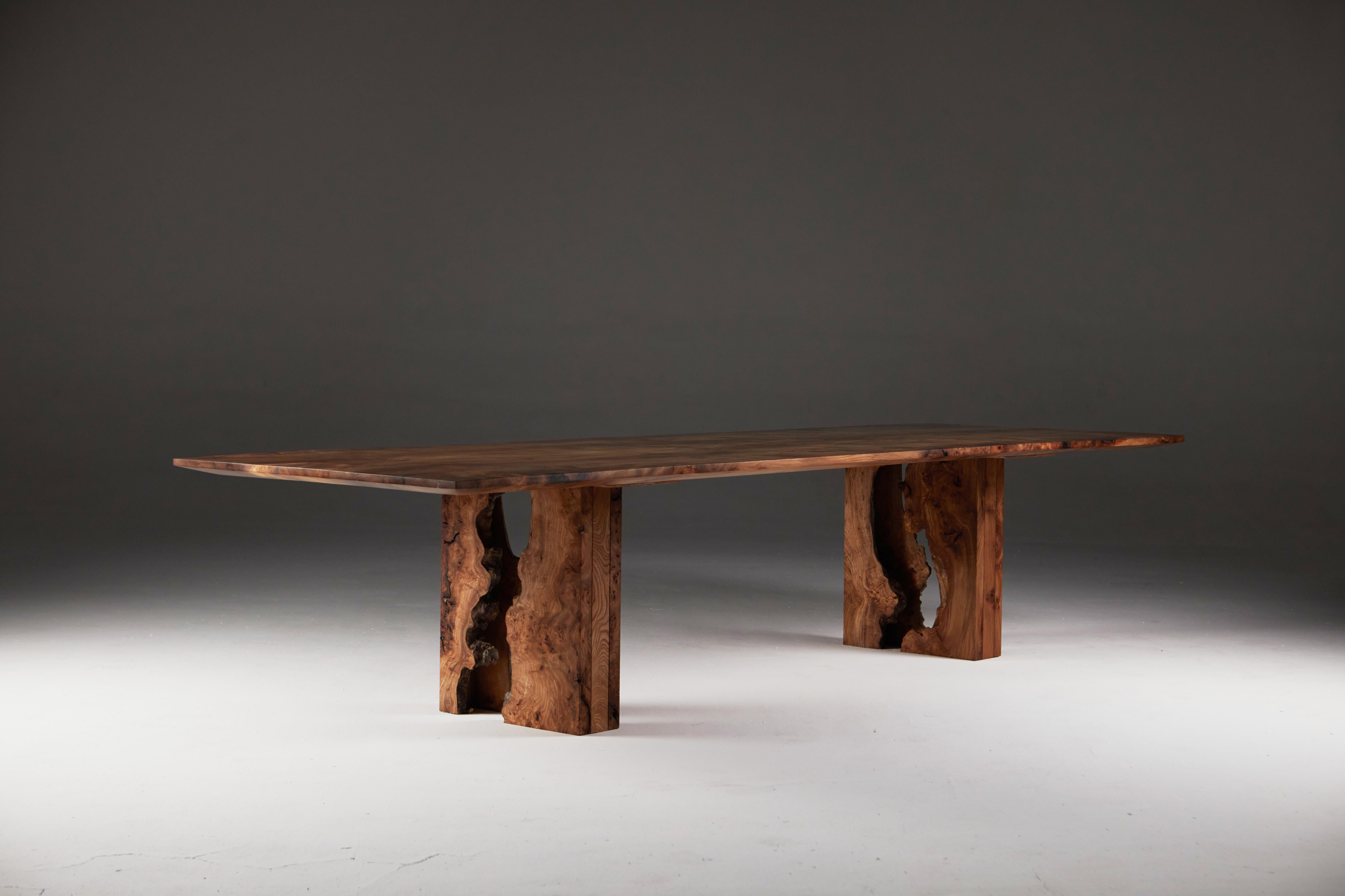 Organic Modern Scottish Burr Elm Table with Inverted Live Edge Legs and Book-matched Top. 
