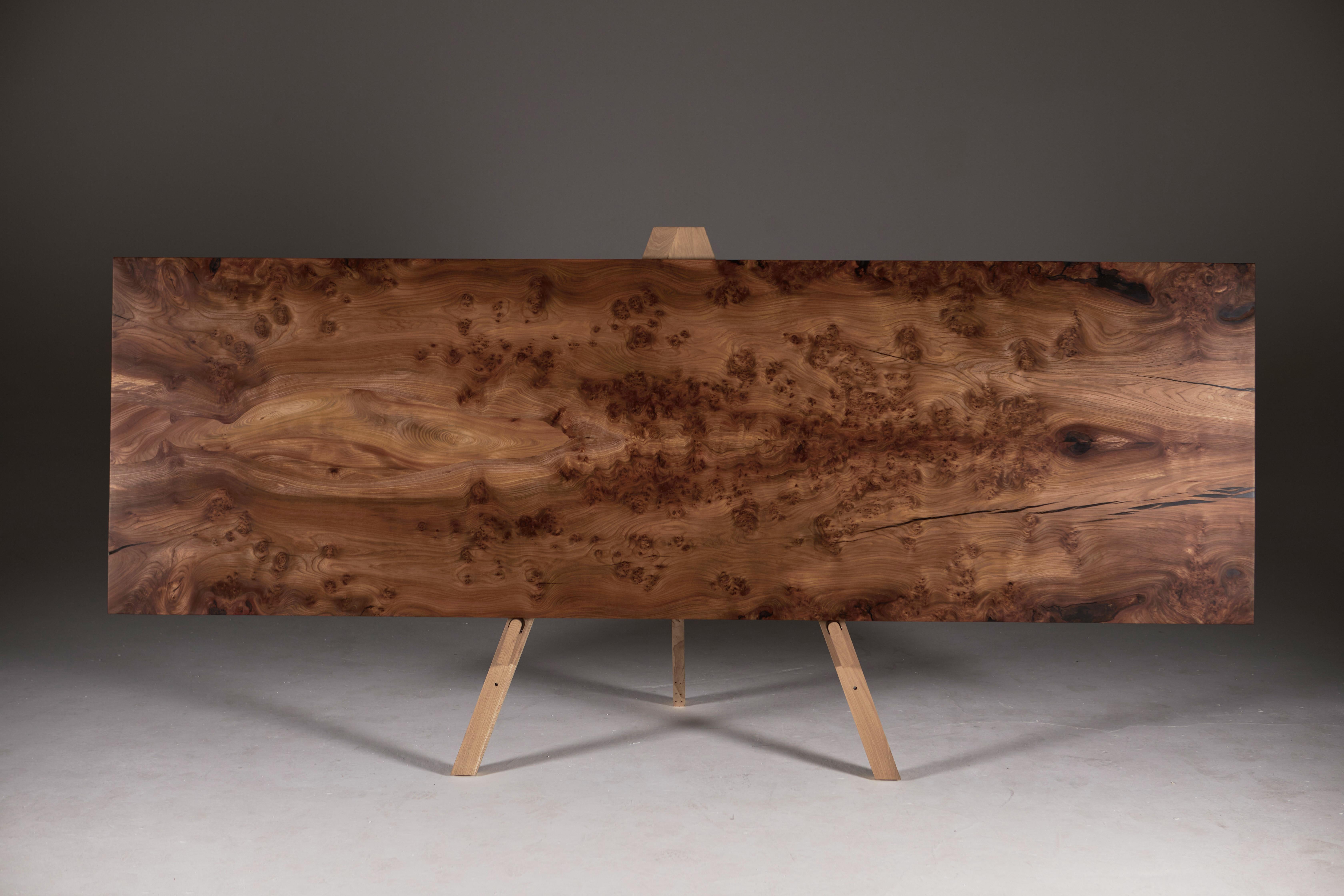 English Scottish Burr Elm Table with Inverted Live Edge Legs and Book-matched Top.