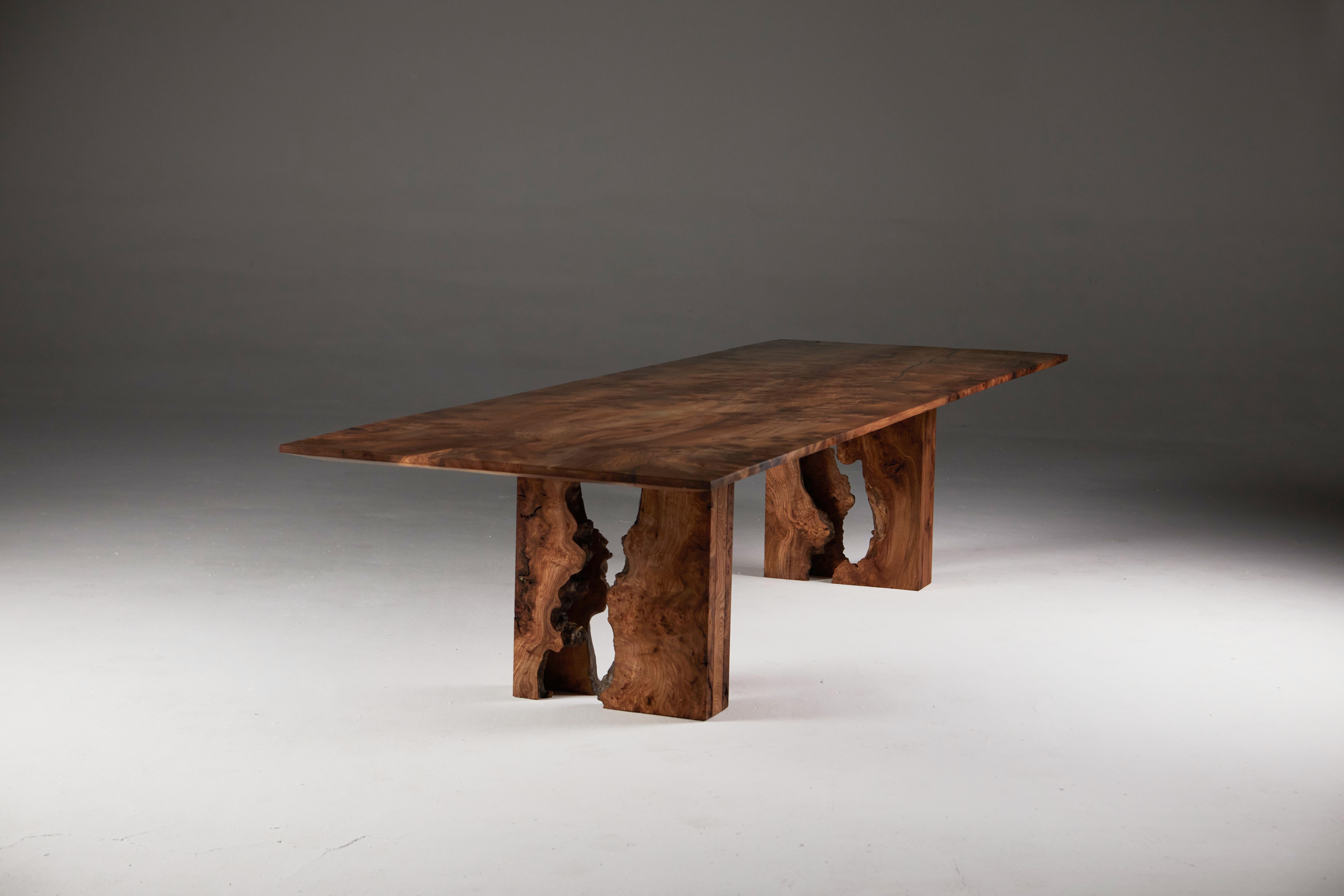 Scottish Burr Elm Table with Inverted Live Edge Legs and Book-matched Top.  In New Condition In London, GB