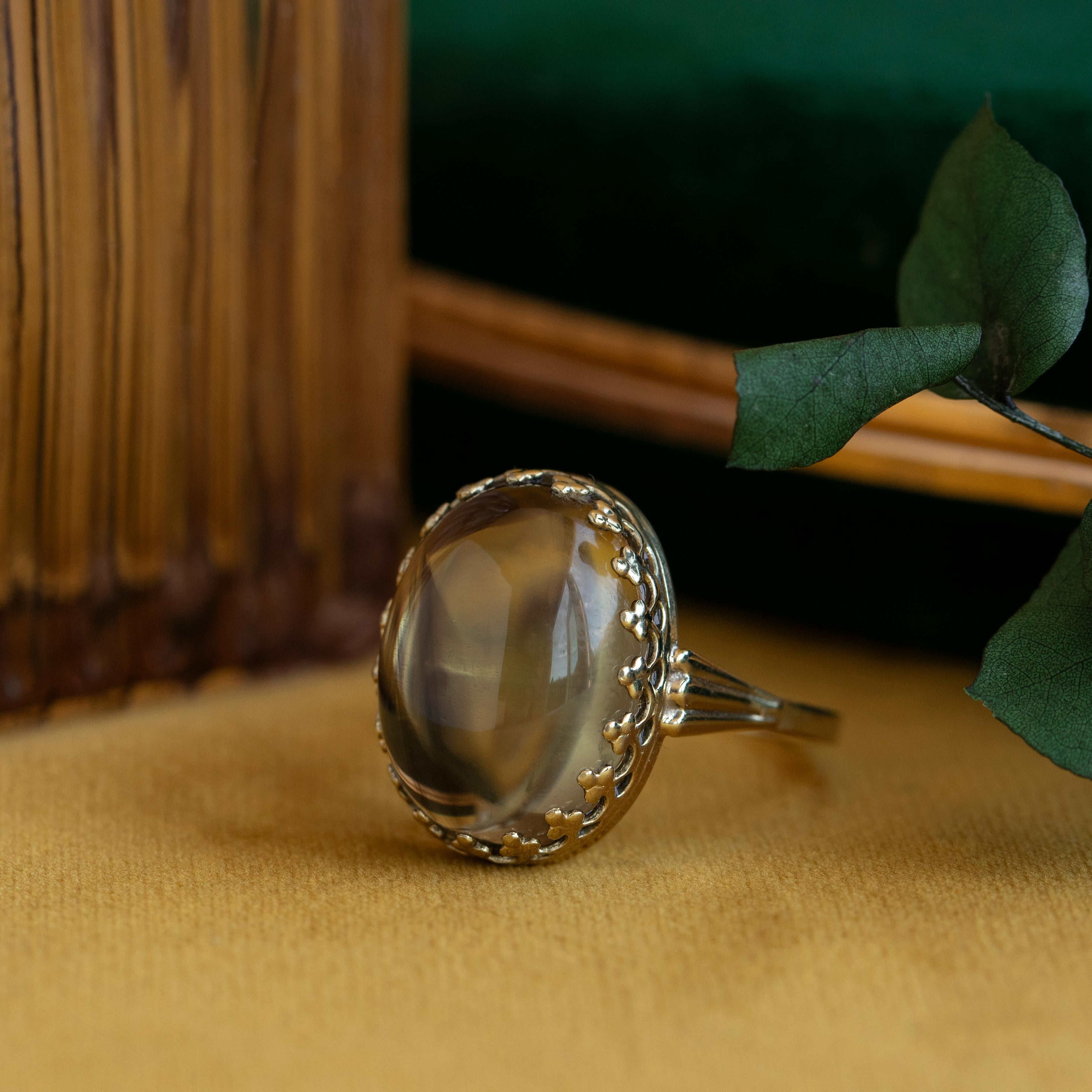 Scottish Cairngorm Smoky Quartz Cabochon Golden Ring, Custom Gemstone Jewellery For Sale 1