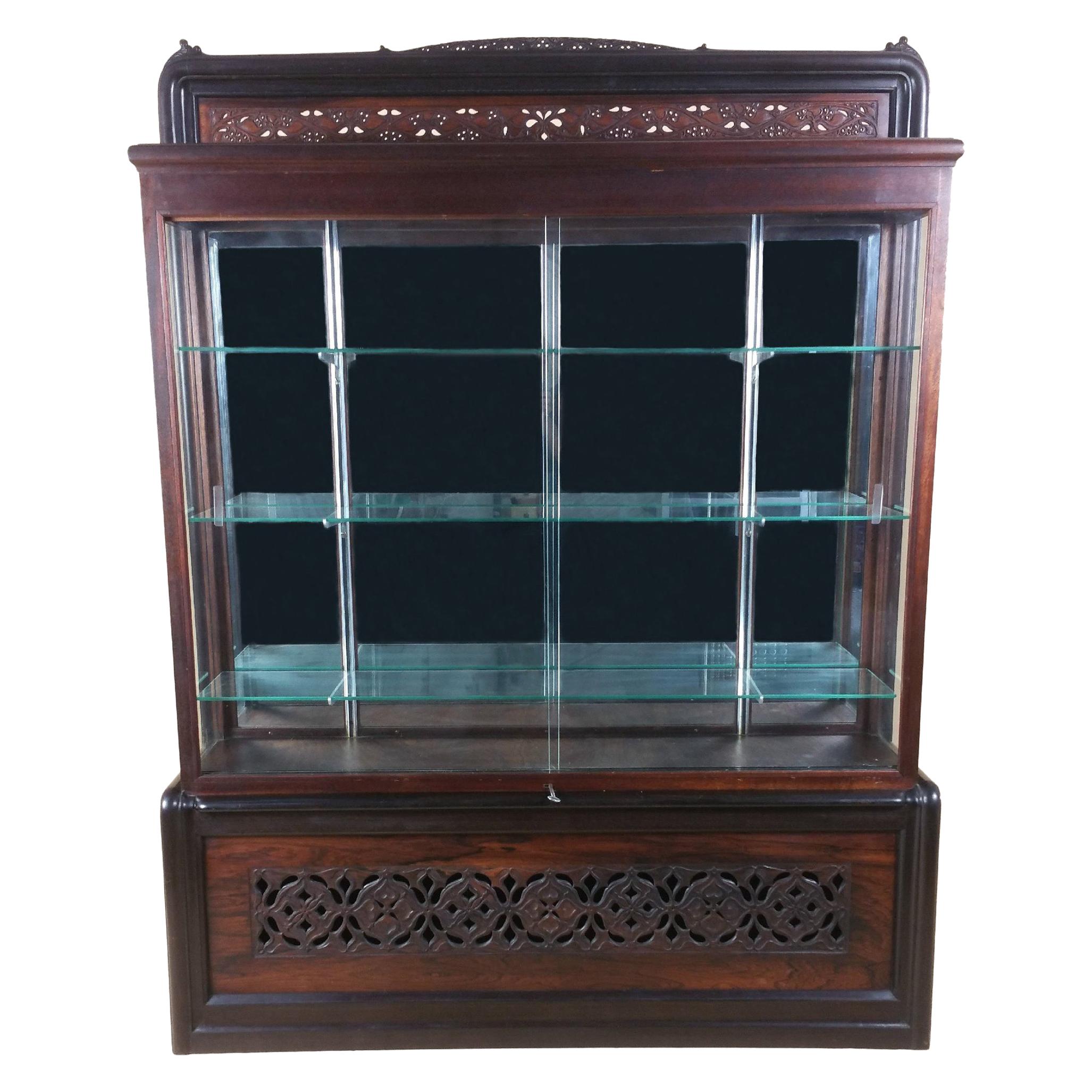 Scottish Carved and Pierced Solid Rosewood and Teak Display Cabinet For Sale