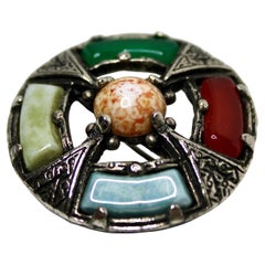 Scottish Celtic Cross Multi-Stone Silver-Tone Vintage Brooch