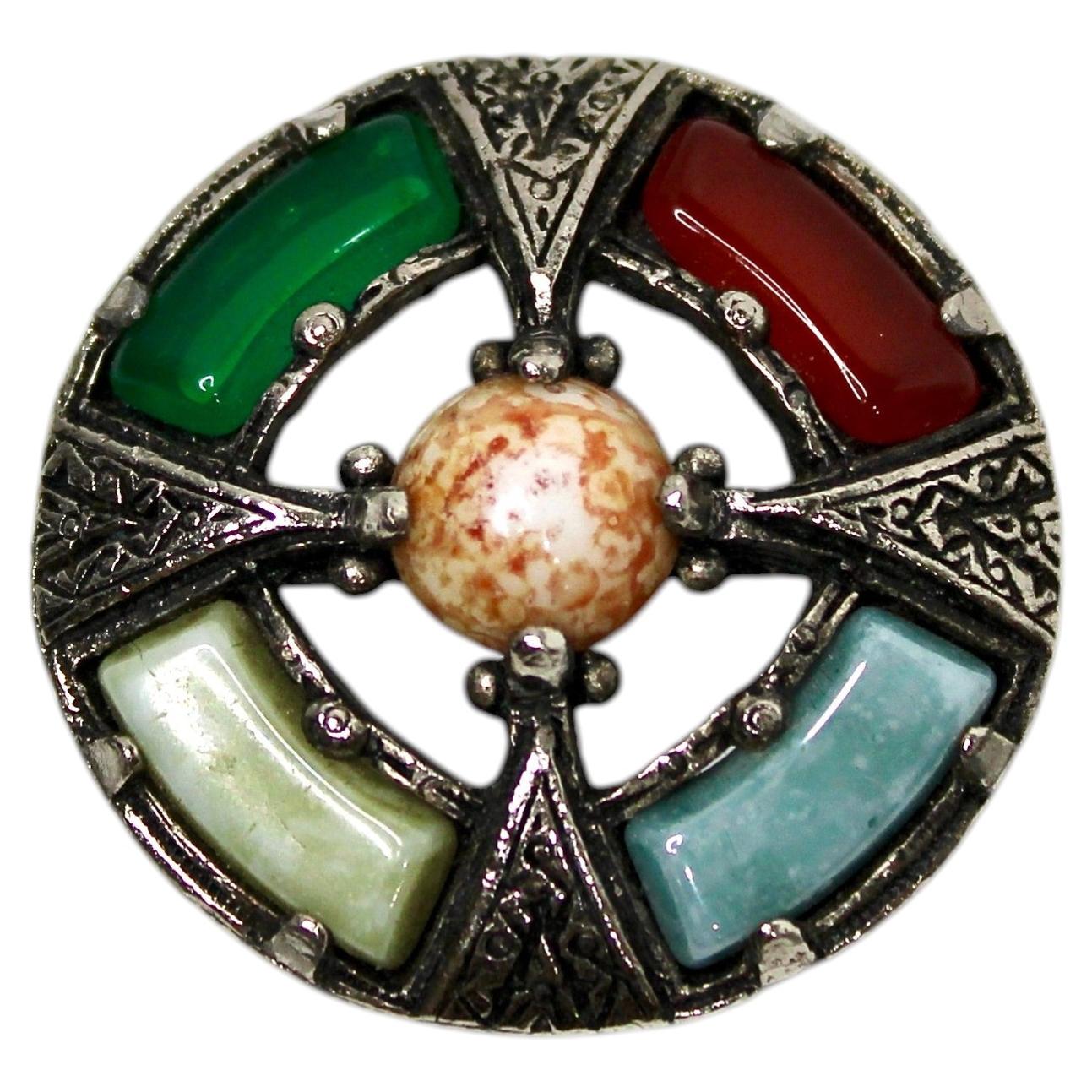Scottish Celtic Cross Multi-Stone Silver-Tone Vintage Brooch For Sale