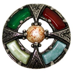 Scottish Celtic Cross Multi-Stone Silver-Tone Vintage Brooch