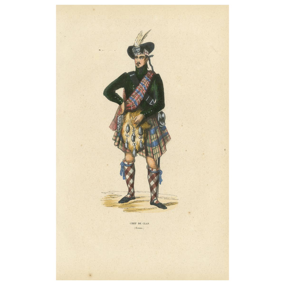 Scottish Clan Chief in Highland Dress – Hand-Colored Lithograph, c.1845