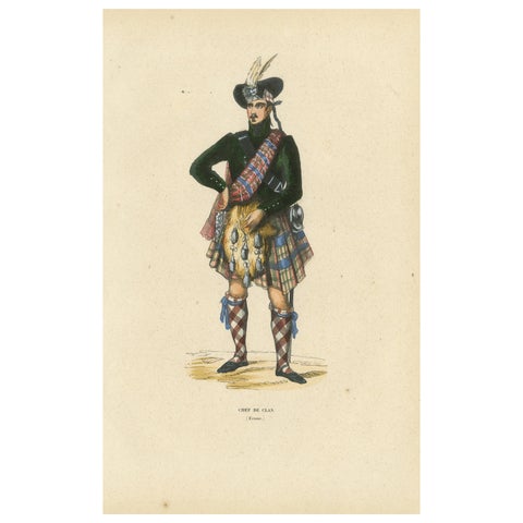 Scottish Clan Chief in Highland Dress, Hand-Coloured Lithograph, c.1845