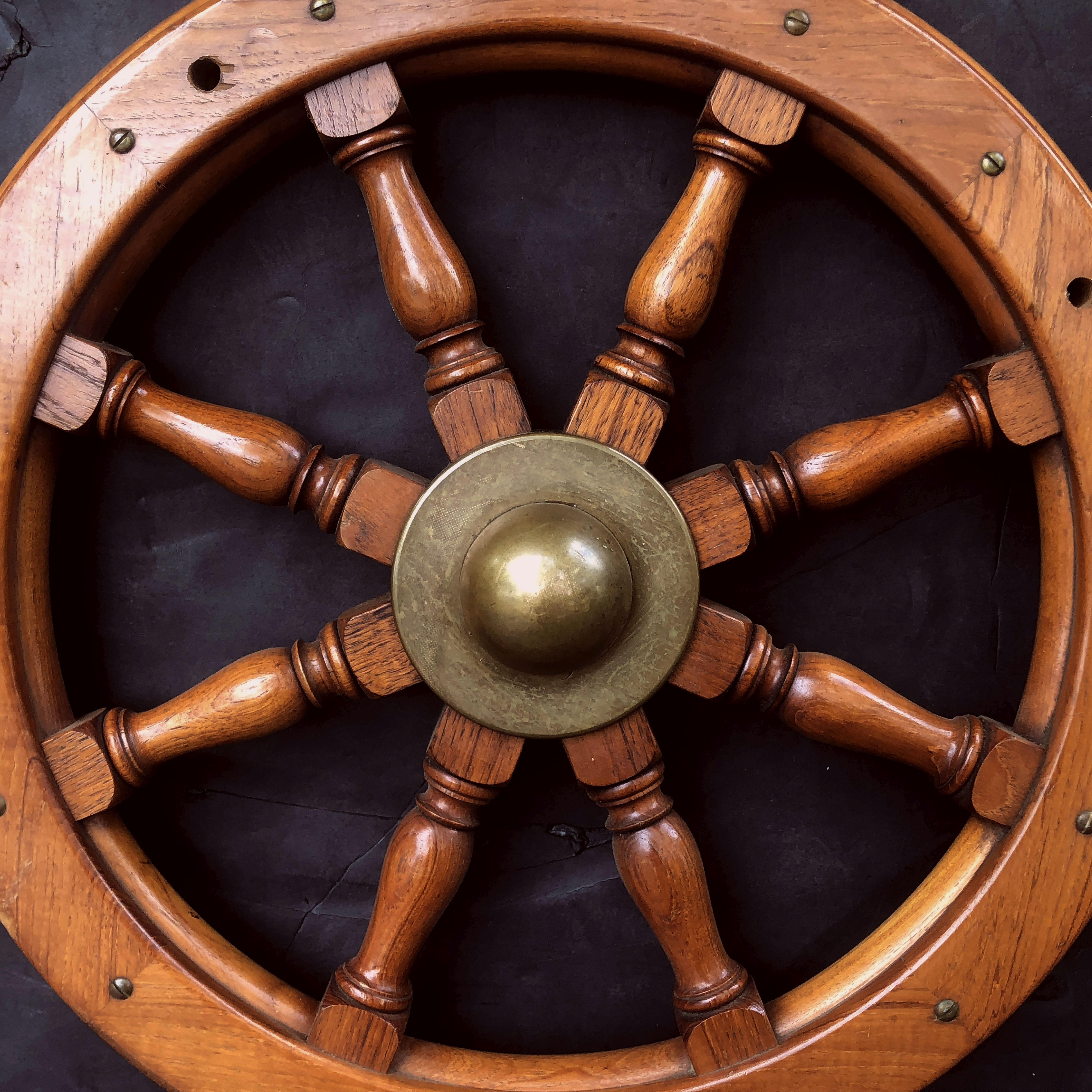Metal Scottish Eight-Spoke Ship's Wheel of Mahogany and Brass