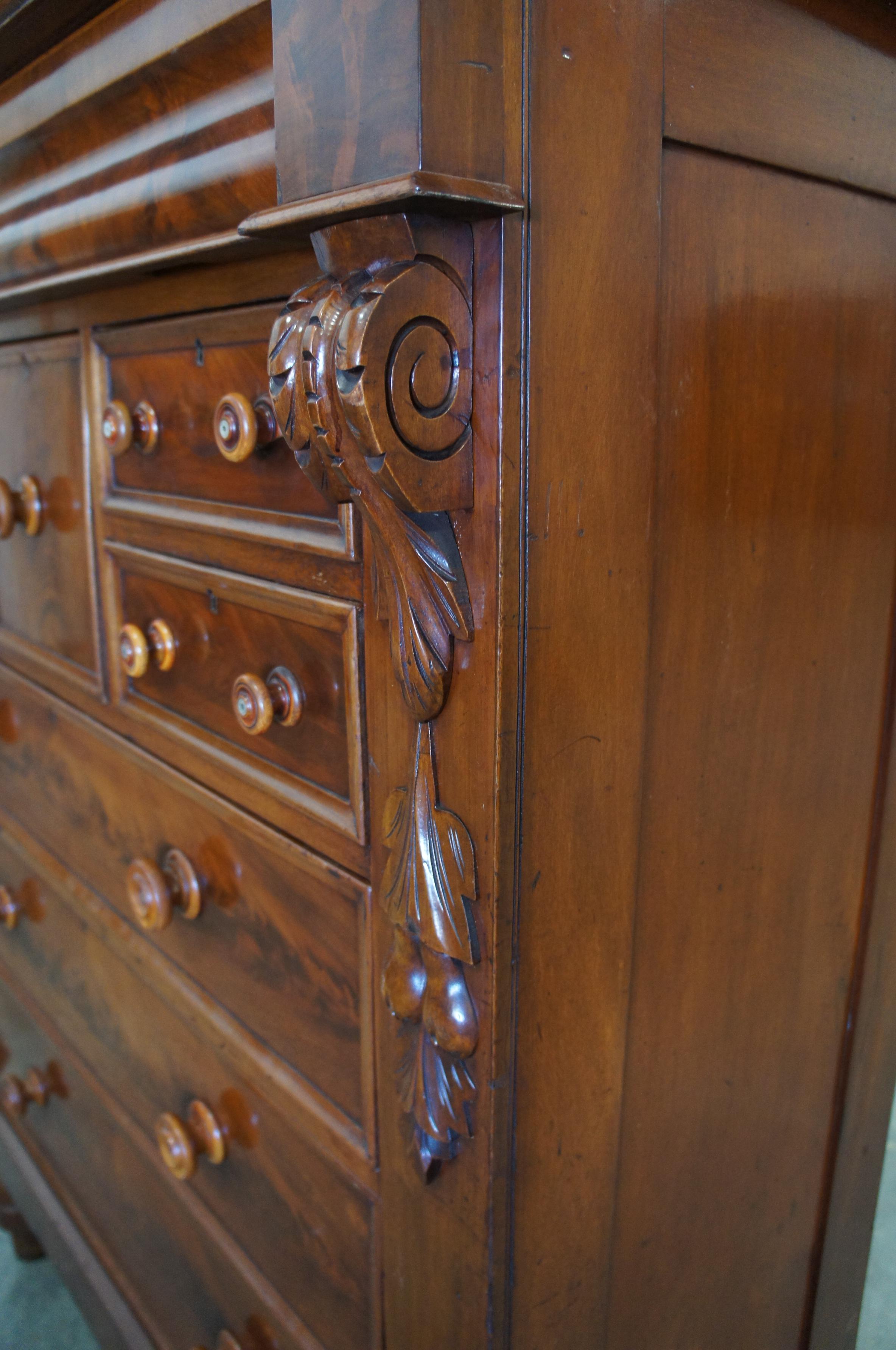 19th Century Scottish Flamed Mahogany Antique 1850s Empire Highboy Dresser Chest of Drawers