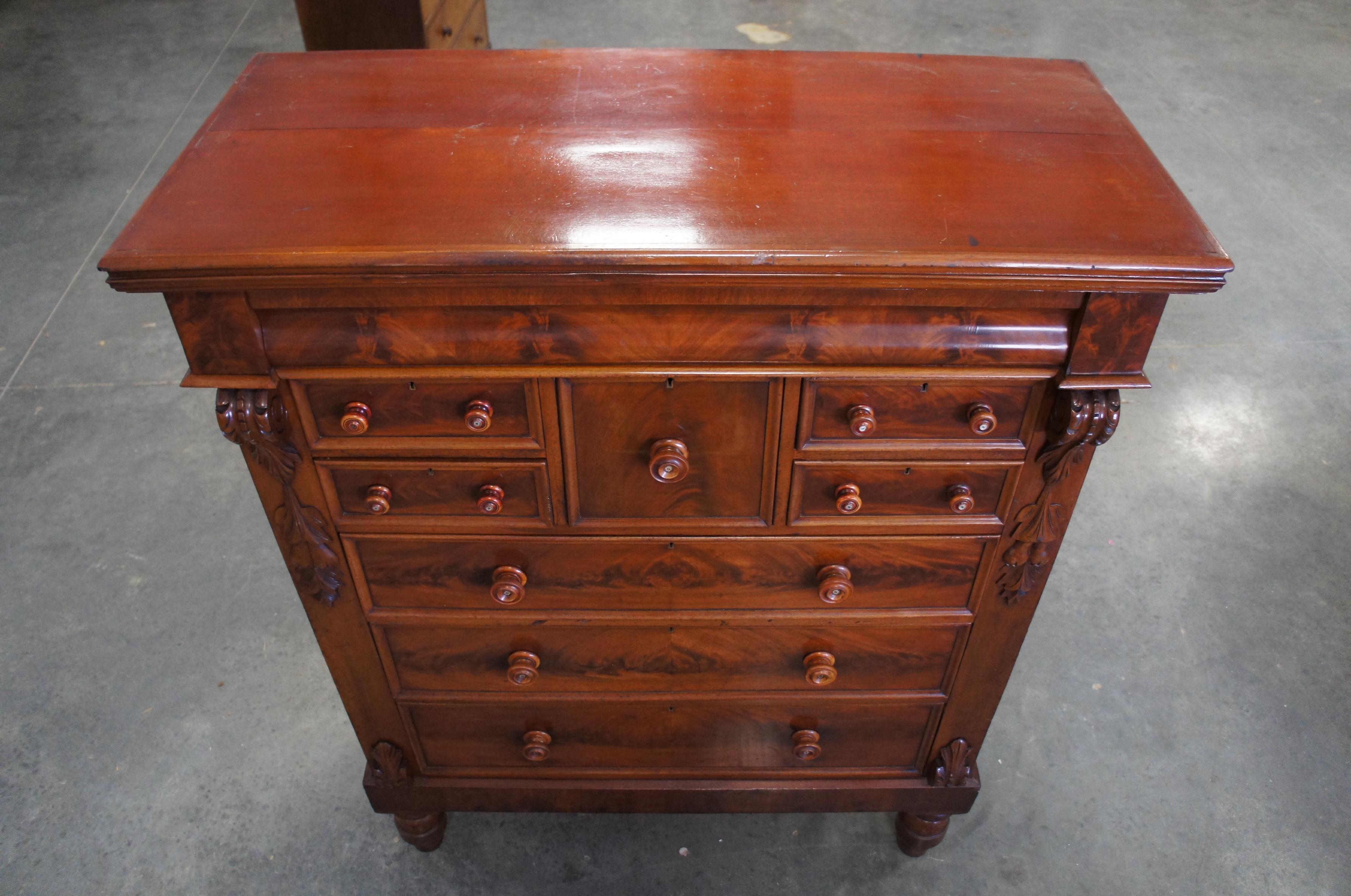 Scottish Flamed Mahogany Antique 1850s Empire Highboy Dresser Chest of Drawers 1
