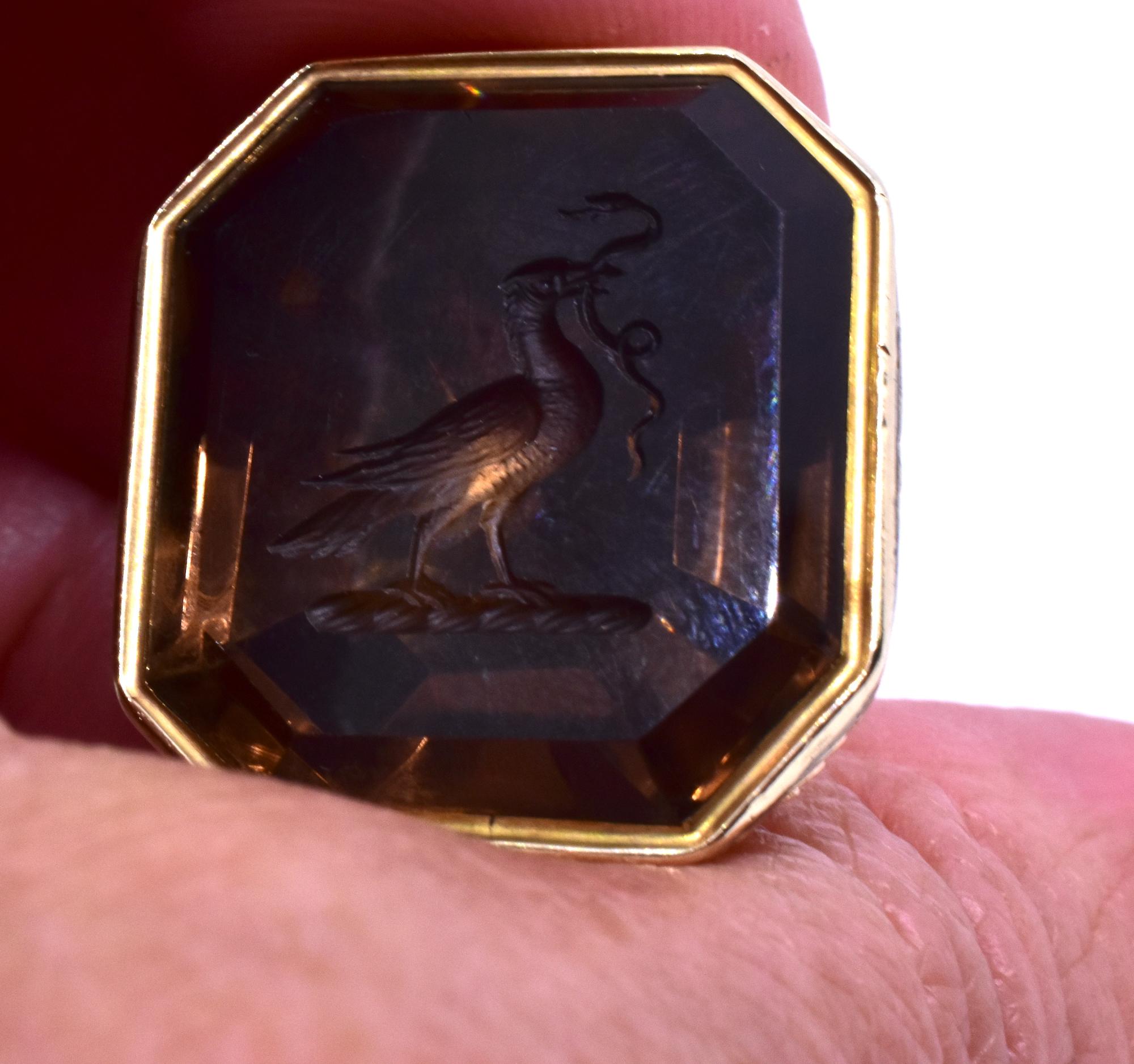 Scottish Fob Seal with 15k Smoky Quartz Intaglio of Heron, Snake in Mouth, c1860 2