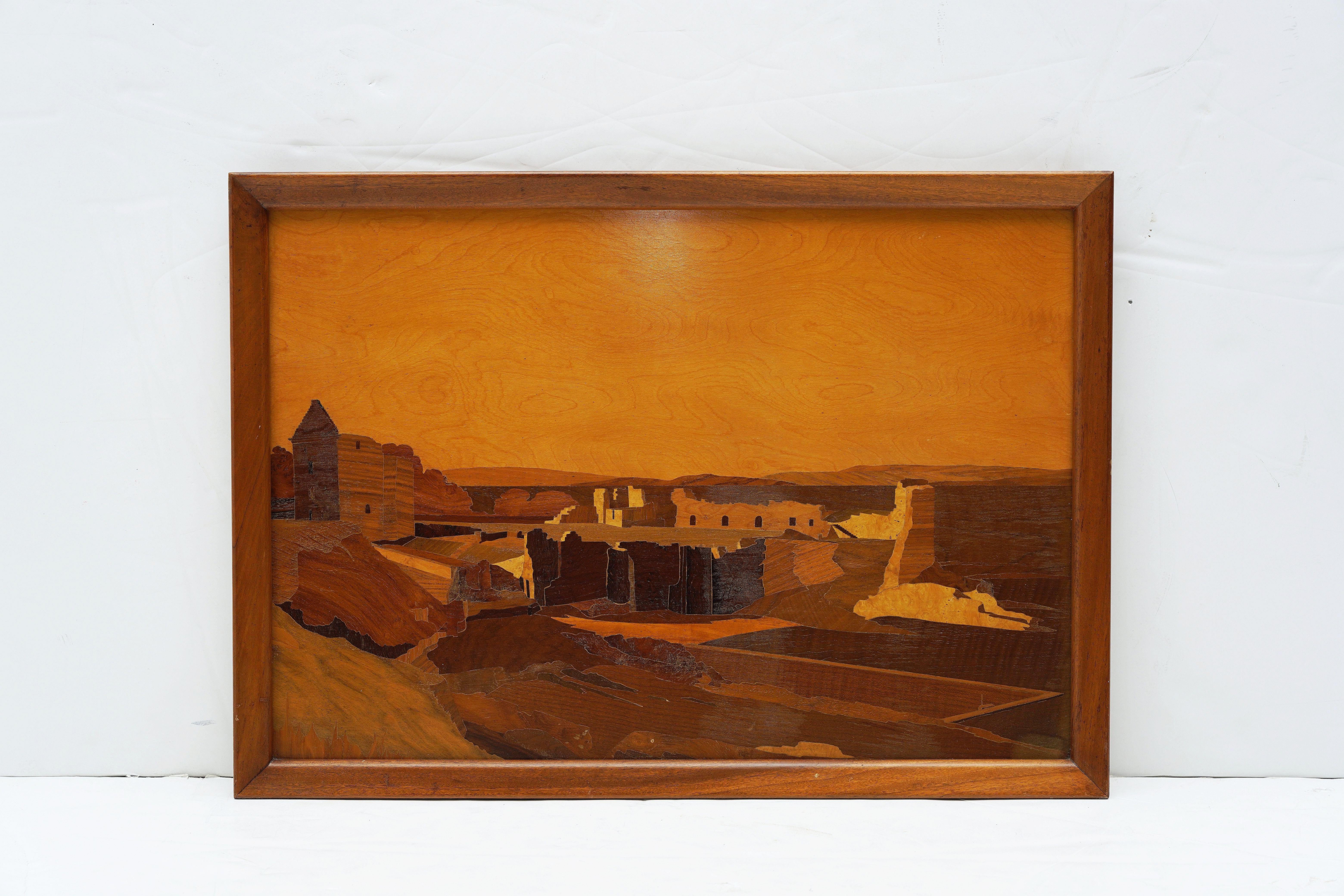 A fine Scottish framed landscape marquetry panel of inlaid wood, circa 1930s, by A.H. McIntosh & Co. Ltd., Kirkcaldy, in the manner of Rowley Gallery, inlaid with a scenic view of Scotland.

Ready to hang and featuring finely patinated inlaid woods