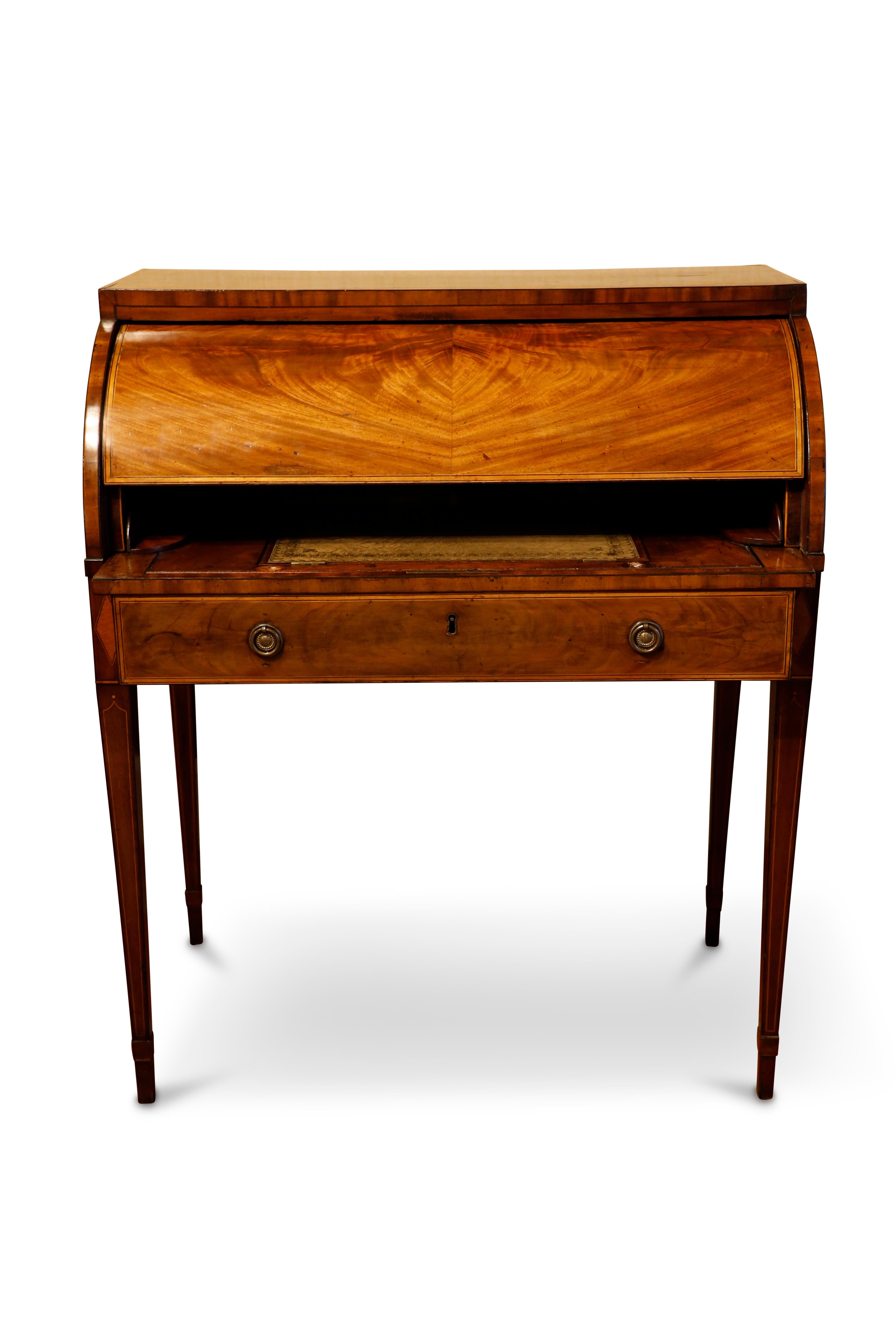 Inlay Scottish, George III Mahogany and Sycamore Banded Cylinder Bureau For Sale