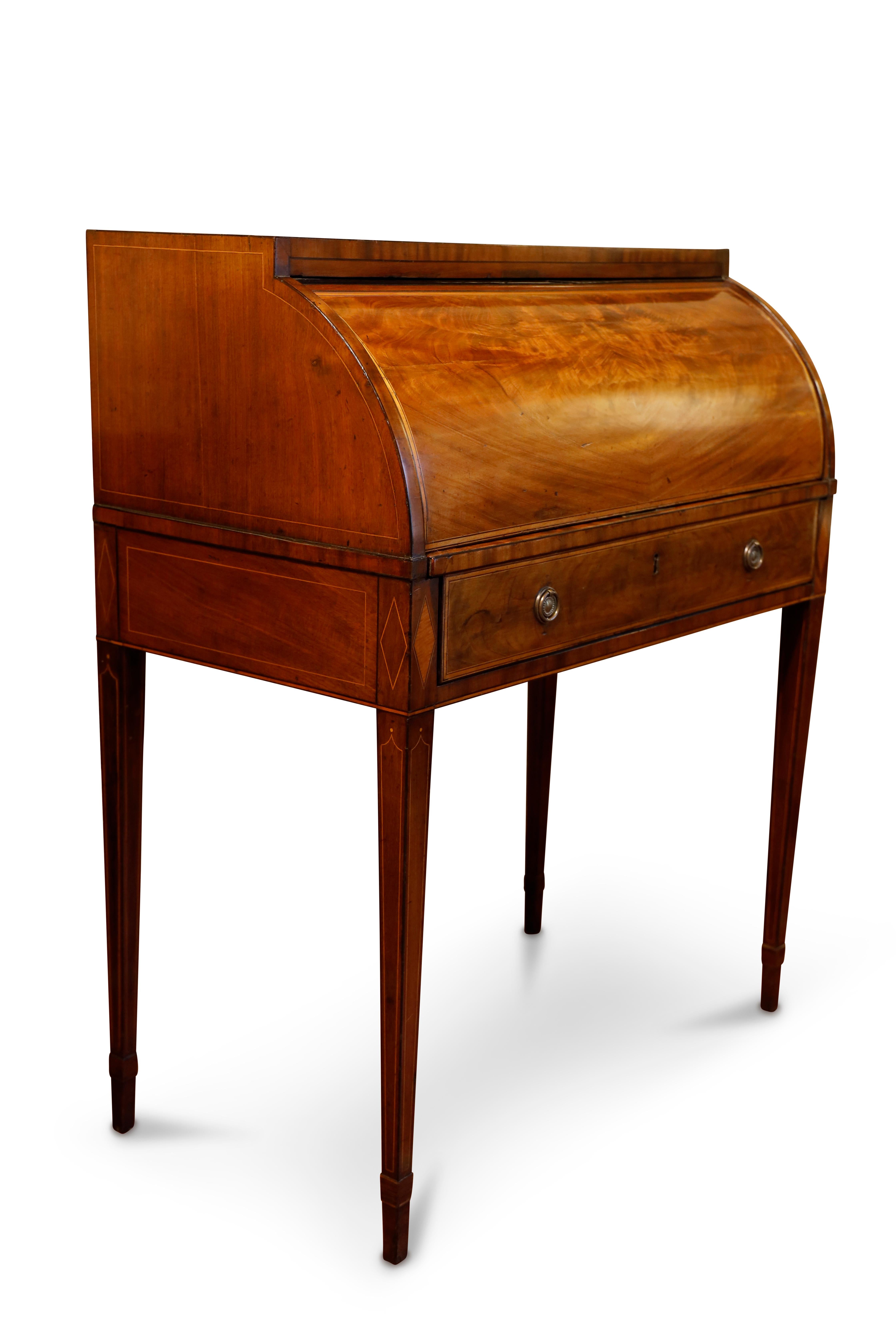 18th Century Scottish, George III Mahogany and Sycamore Banded Cylinder Bureau For Sale