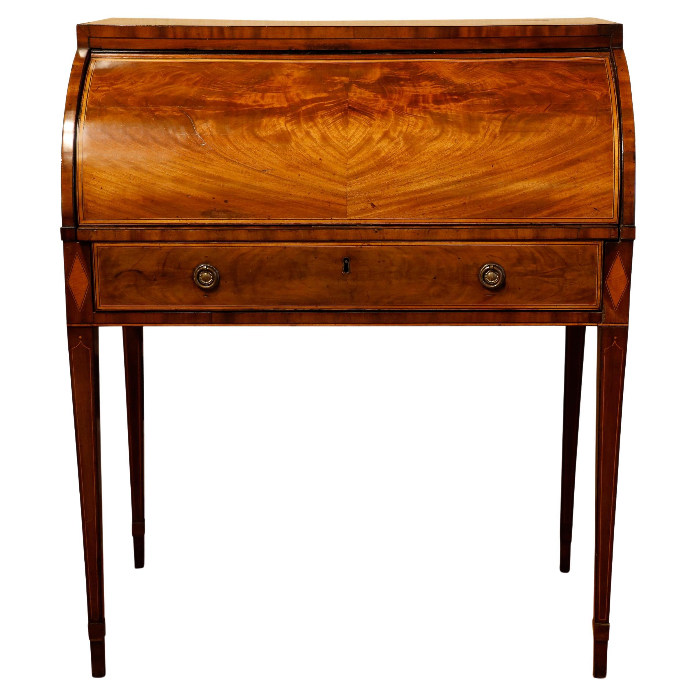 Scottish, George III Mahogany and Sycamore Banded Cylinder Bureau For Sale