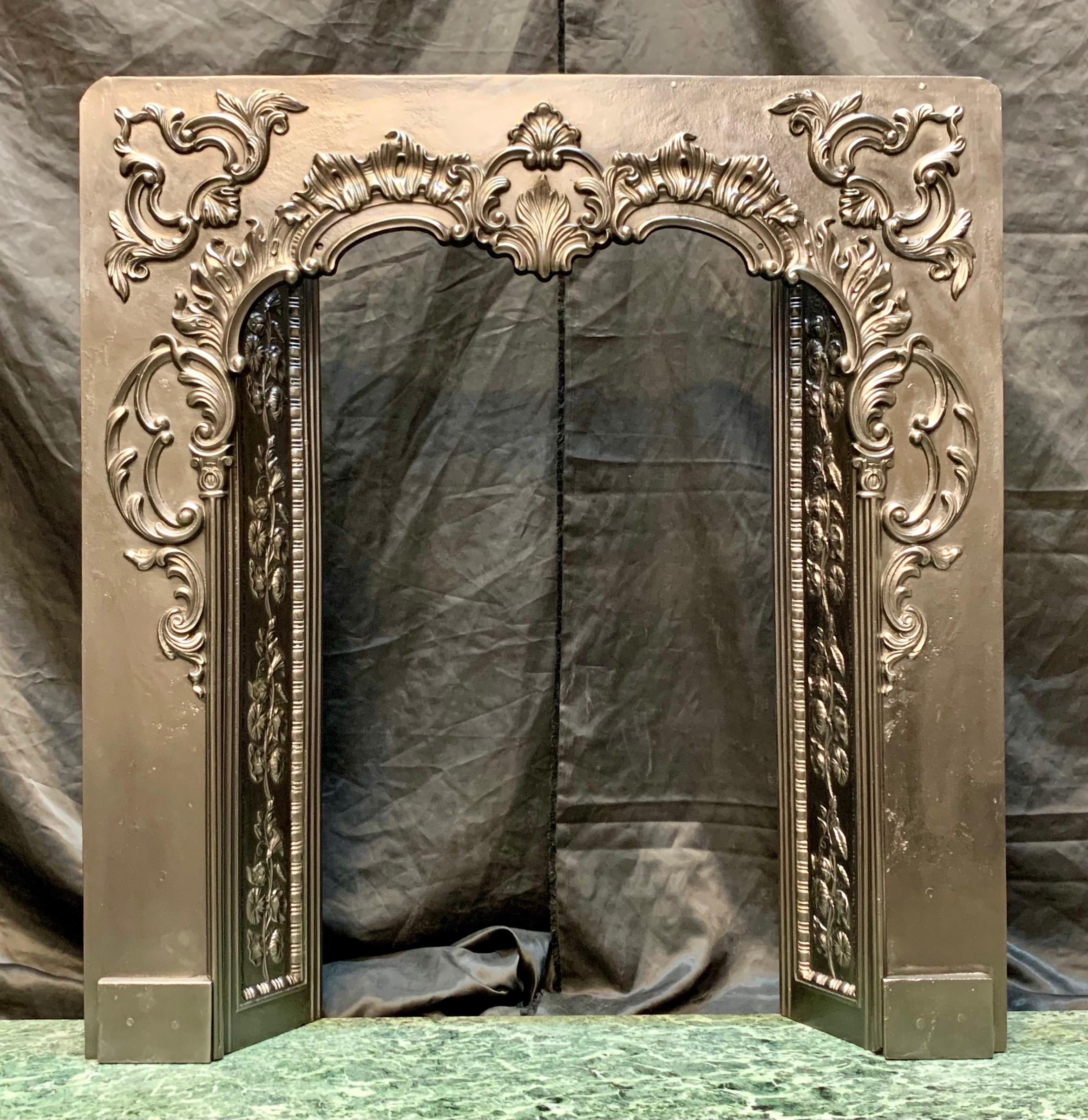 An original and rare Scottish probably (Carron of Falkirk) Georgian Cast Iron fireplace insert of favourable proportions in the British Rococo manner. A generous outer plate with high relief folate and floral embellishment throughout, centred by a