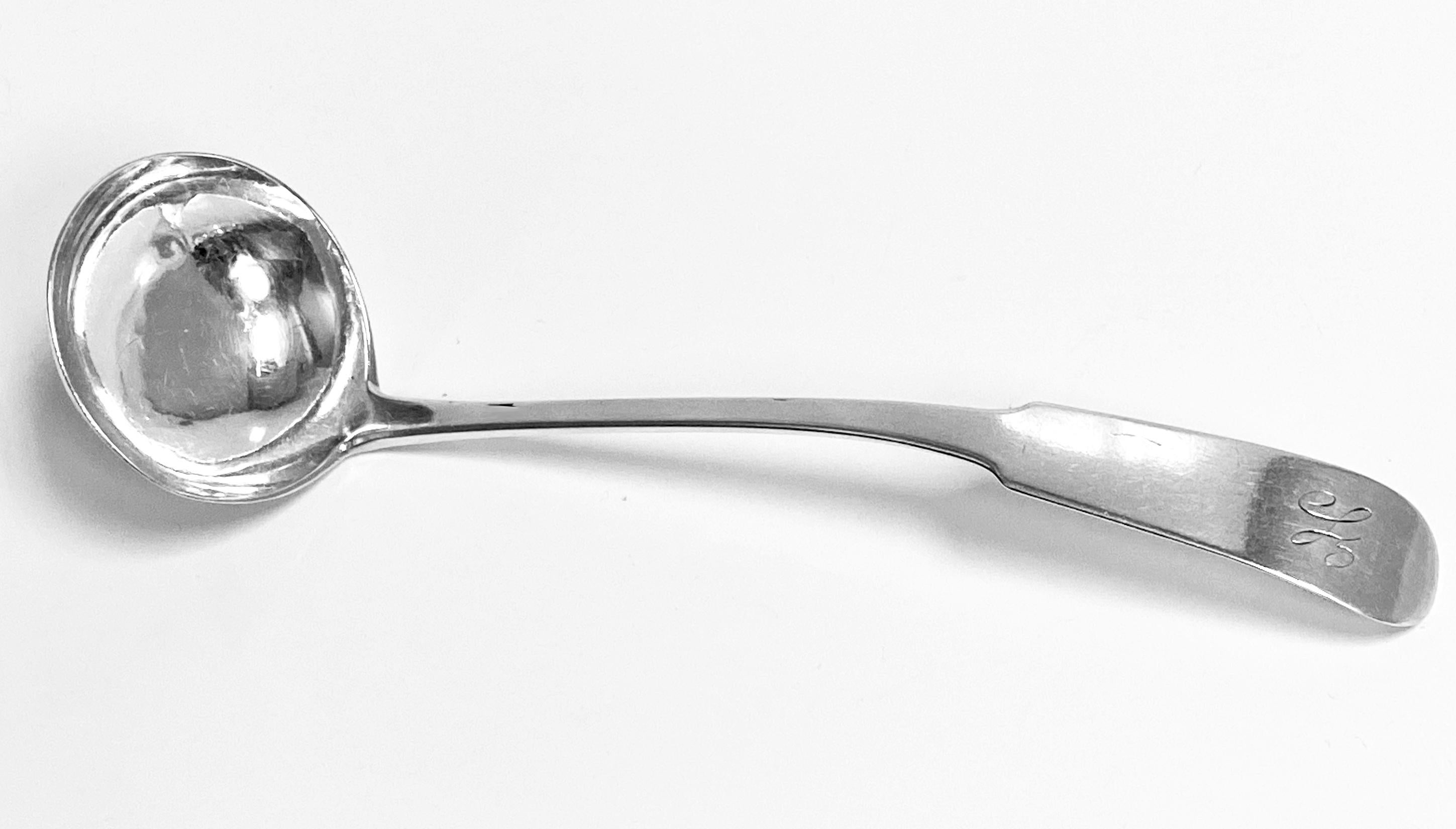 Scottish Georgian Silver Toddy Sauce ladle Edinburgh 1824 Alex Henderson. Plain elongated Fiddle pattern, light H monogram. Good condition, clear hallmarks. Reflections from photography only. Length: 6 inches. Weight: 22.21 grams 