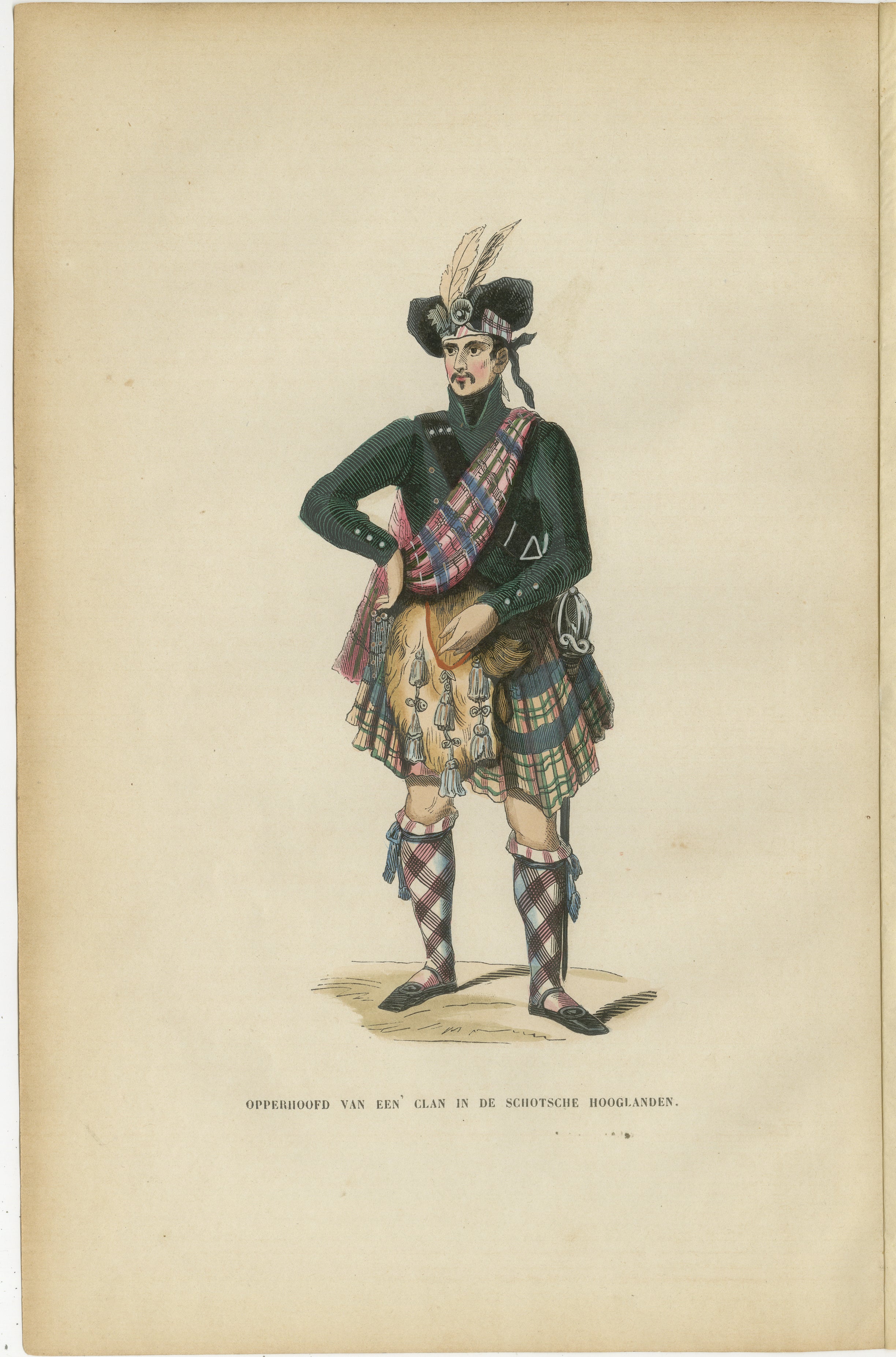 Schottischer Hochland-Clanchef - Antike Kostüm-Lithographie, um 1852