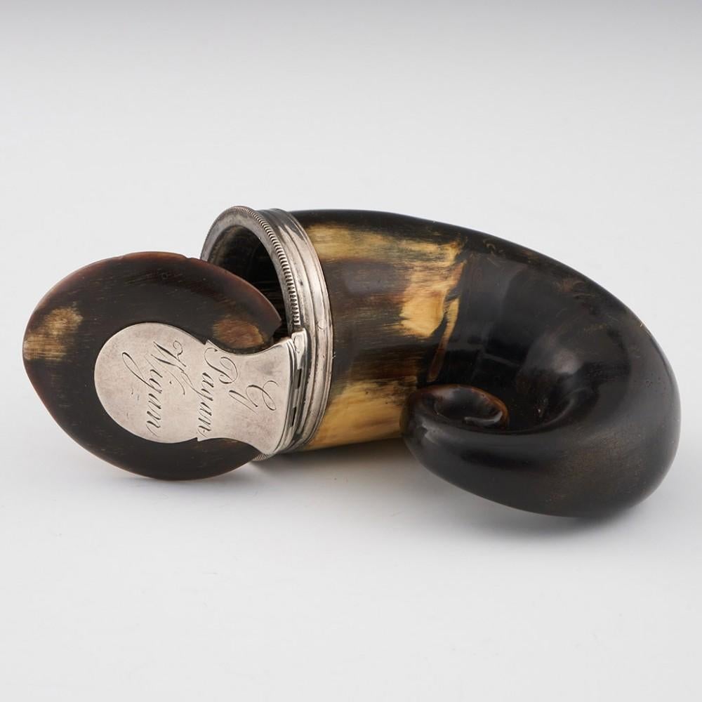 Heading : Scottish horn snuff mull
Date : c1820 - Carries the IO mark of James Orr of Greenock
Period : Regency
Origin : Scotland
Decoration : Hollow Snuff Mull with silver hinge lid. Silver with 
