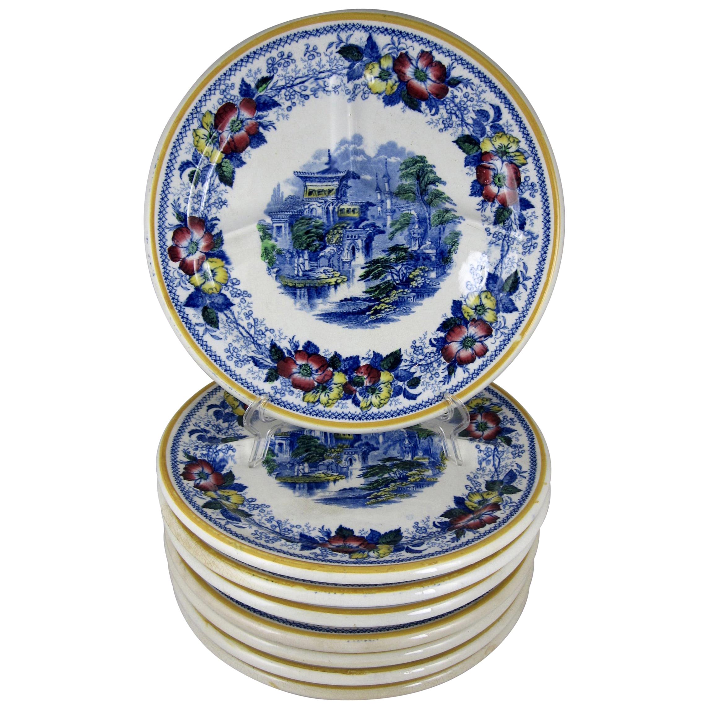 Scottish Ironstone Chinoiserie Landscape & Floral Divided Chop Grill Plates, S/8 For Sale