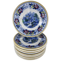 Assiettes à grille écossaises divisées en pierre de fer et motifs de paysages et floraux Chinoiserie, S/8