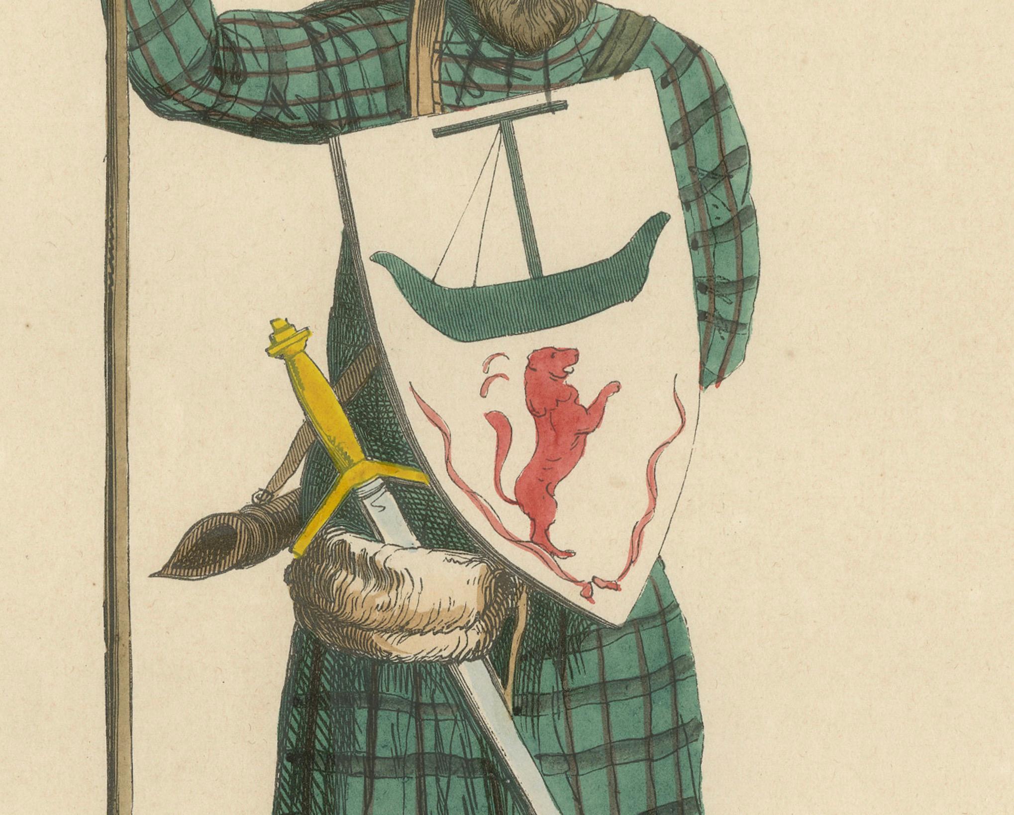 Costume de chevalier écossais en tartan avec bouclier héraldique, âge moyen 1847 Bon état - En vente à Langweer, NL