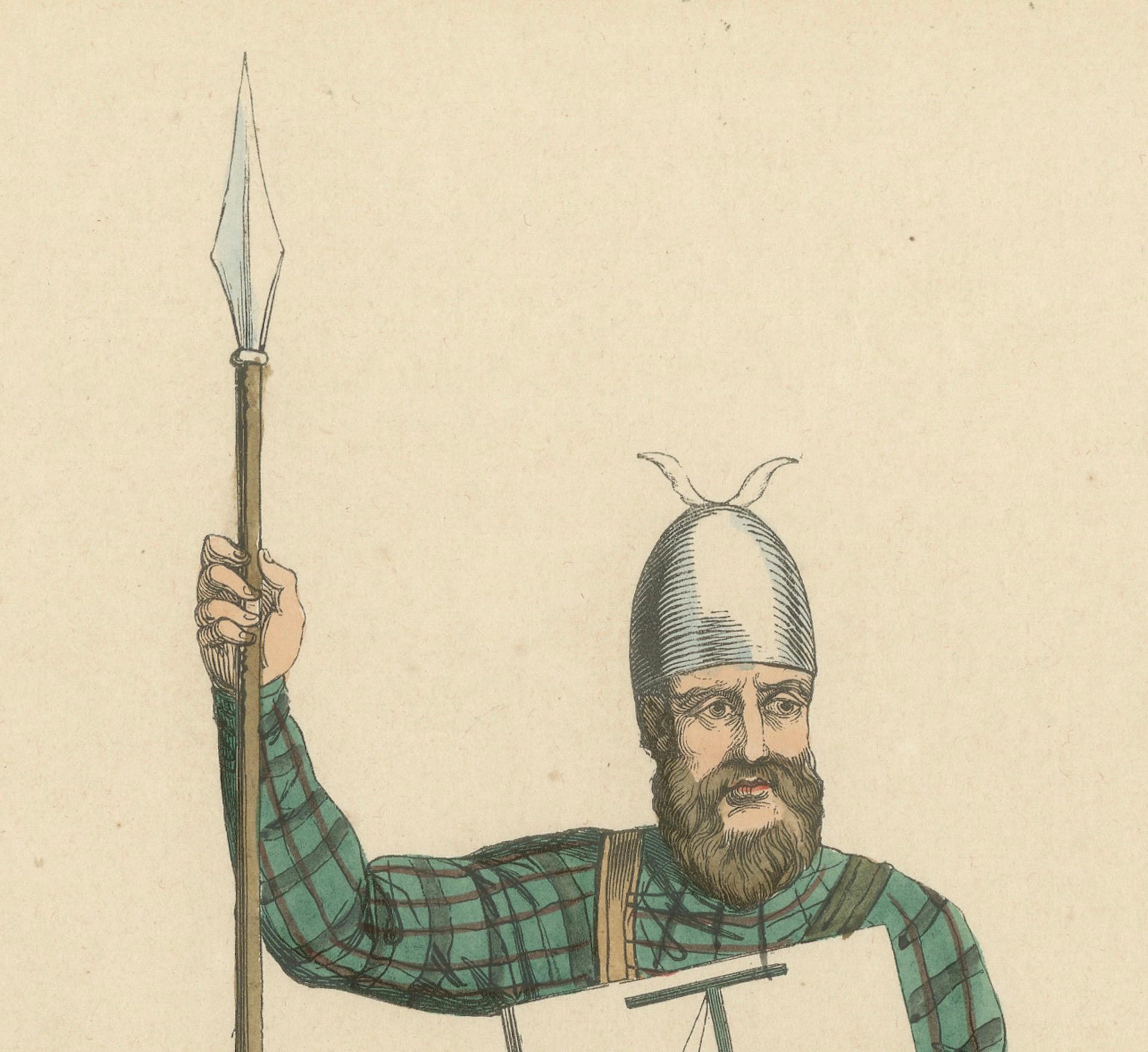 Mid-19th Century Scottish Knight in Tartan Attire with Heraldic Shield, Costume Di Moyen Age 1847 For Sale