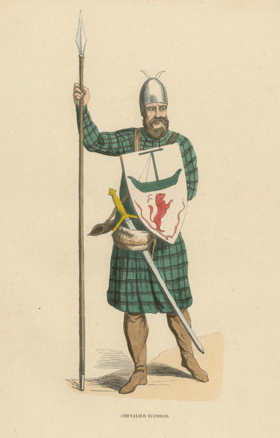 Papier Costume de chevalier écossais en tartan avec bouclier héraldique, âge moyen 1847 en vente