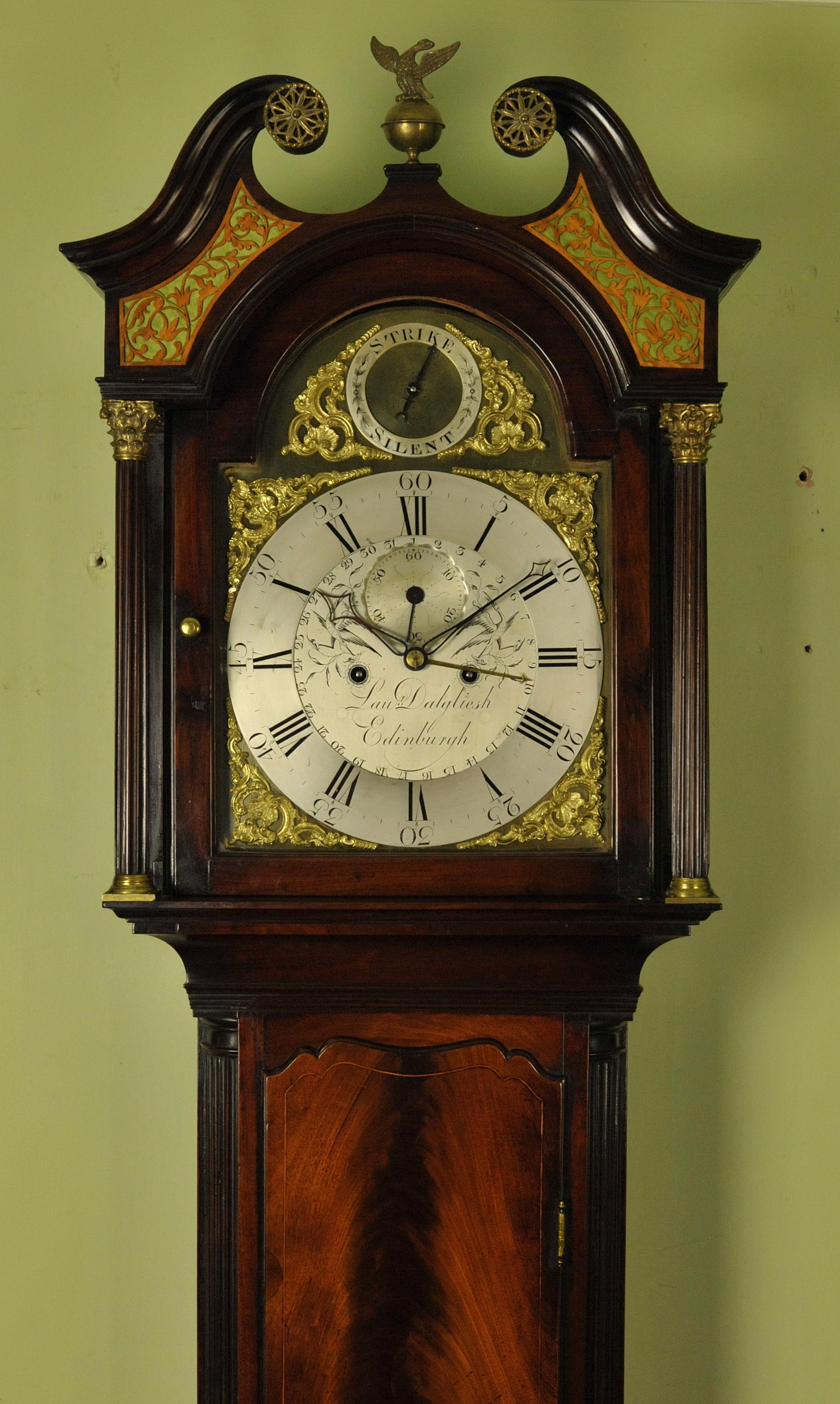 We are delighted to offer for sale this superb Georgian mahogany longcase clock by Laurence Dalgliesh of Ebinburgh who was working from 1771 to 1808 having been apprenticed to his father John . This clock would date circa 1780
The mahogany case is