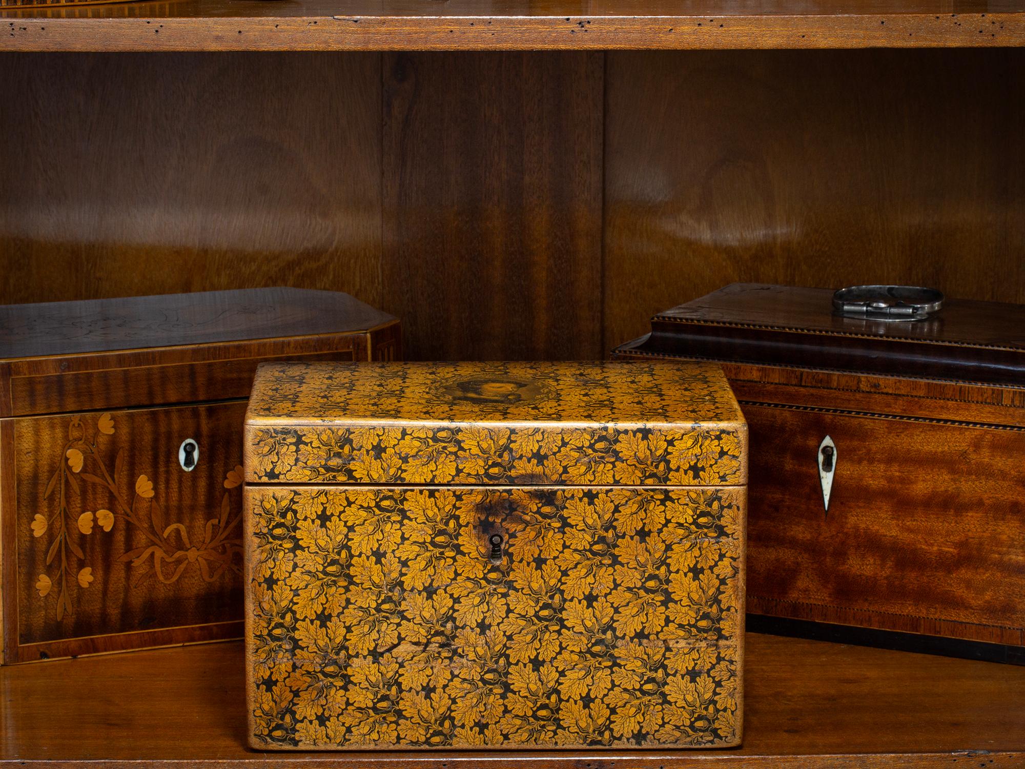 Acorn Design 

From our Tea Caddy collection, we are pleased to offer this Scottish Mauchline Ware Tea Caddy attributed to Smiths. The Mauchline Ware Tea Caddy of rectangular form made from Sycamore is extensively decorated to the exterior with an