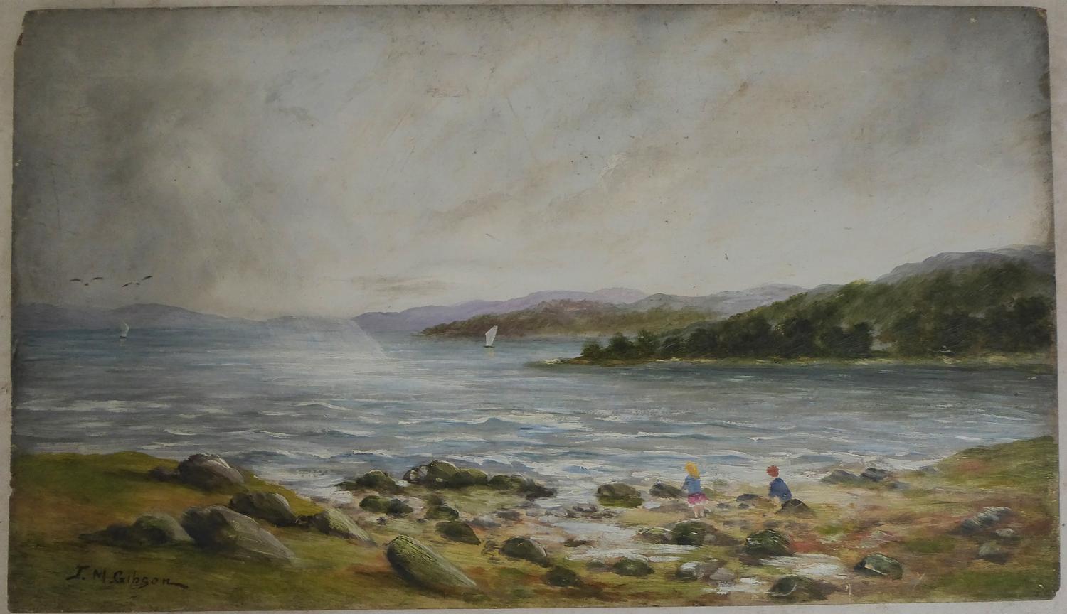 Delightful painting 'Oil on board' - children on the rocky beach at Gareloch, Scotland with a sailing ship in the near distance. 
Signed JM Gibson.
     