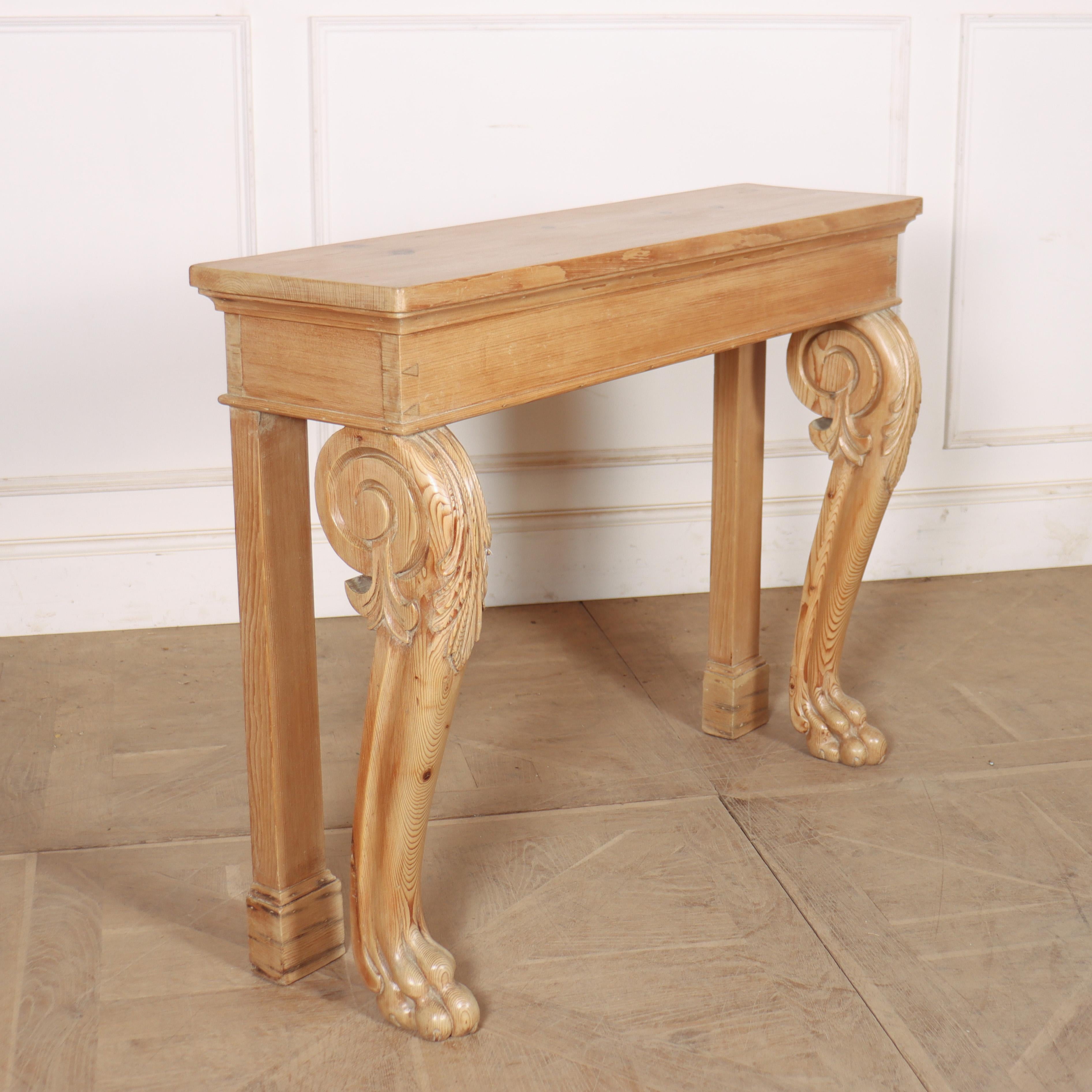 Small 19th century Scottish pale pine console table with carved front legs. 1840.

Top depth: 11.5 inches (29cm)


Code: 8807

Dimensions:
W: 42