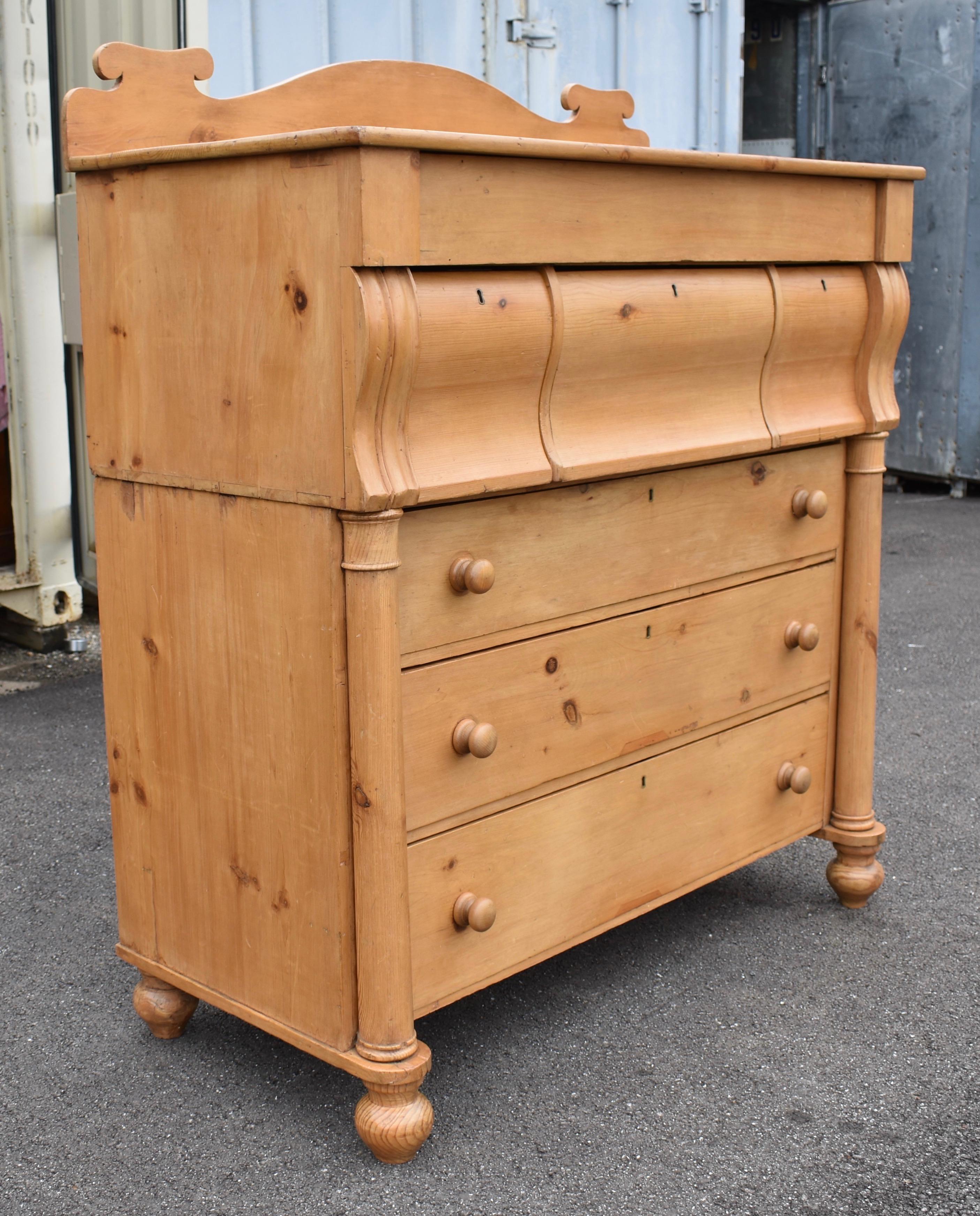 What a handsome chest of drawers!  It’s a long time since we last offered a  Scottish chest of drawers and this one is a beauty.  The piece is built in two sections, necessary for negotiating narrow passages and staircases.  The upper section has