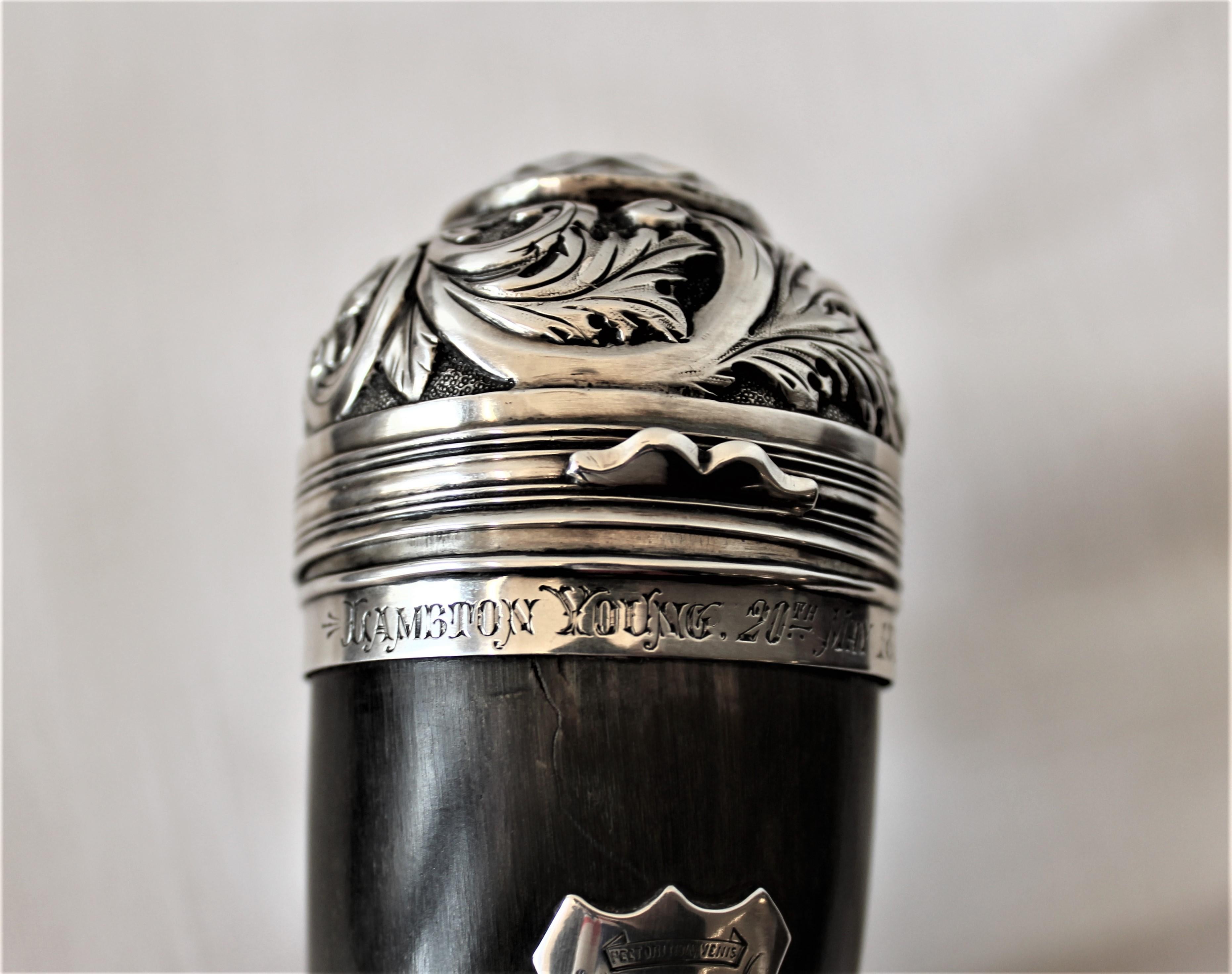 Engraved Scottish Polished Horn and Sterling Silver Mounted Snuff Mull or Box