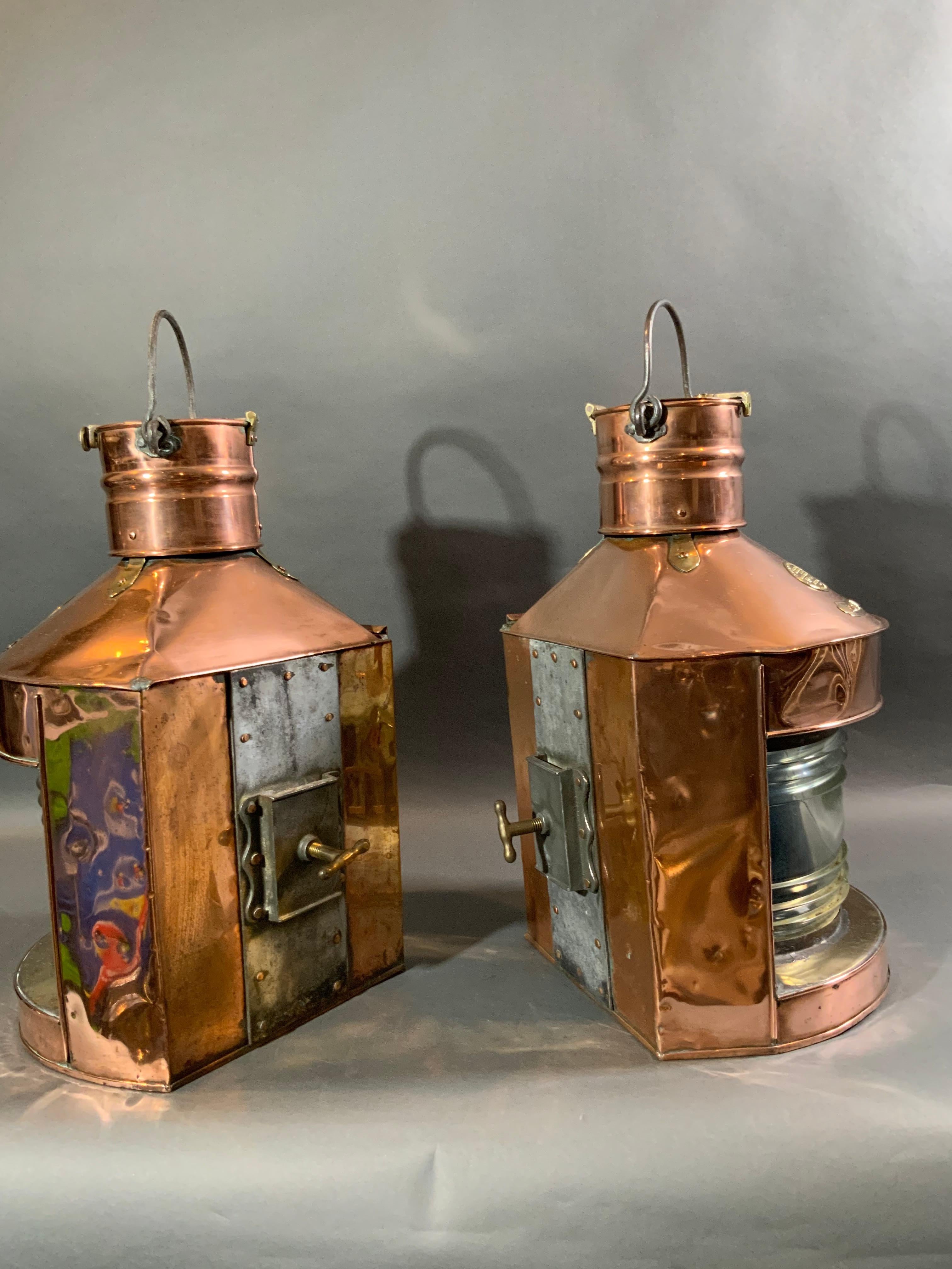 European Scottish Port and Starboard Ship Lanterns of Solid Copper with Brass Trim For Sale