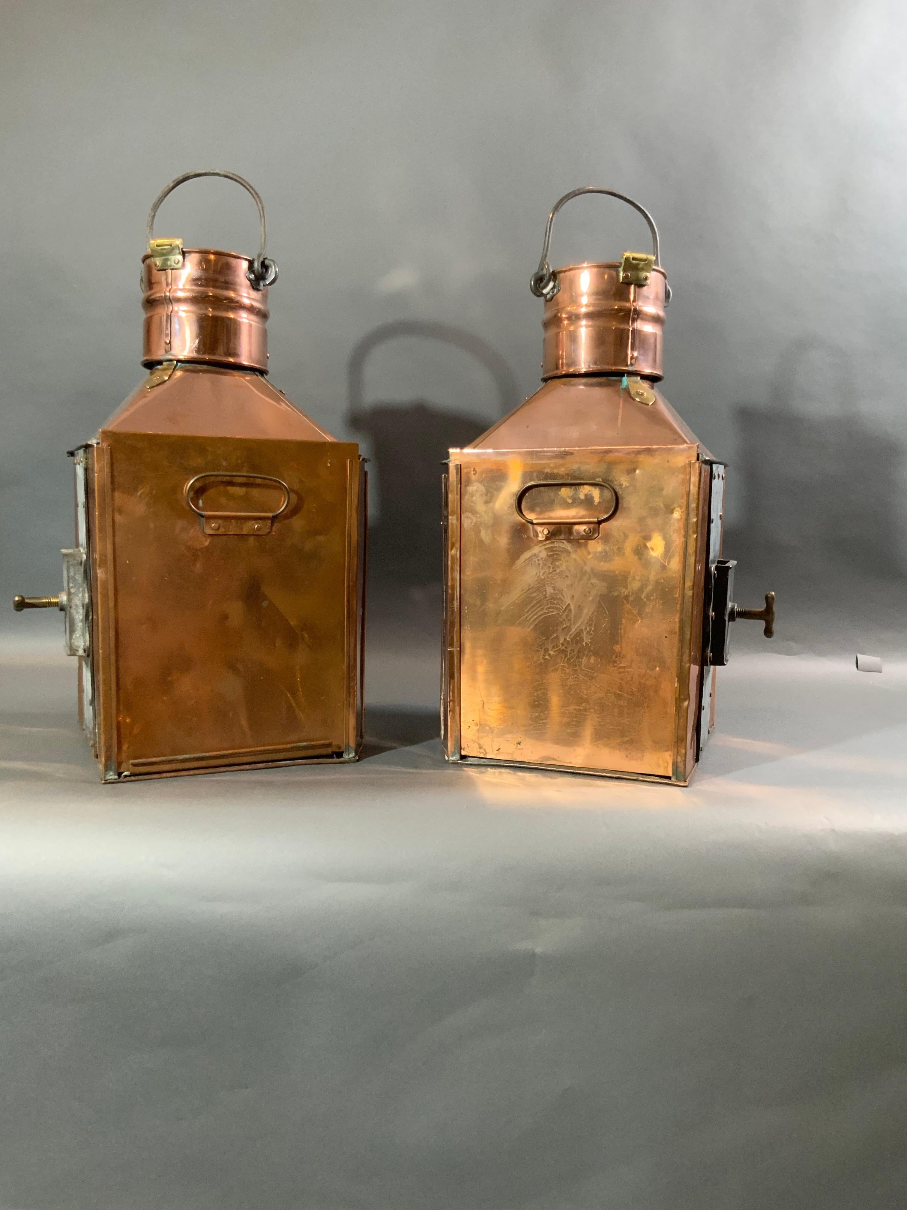 Scottish Port and Starboard Ship Lanterns of Solid Copper with Brass Trim In Good Condition For Sale In Norwell, MA