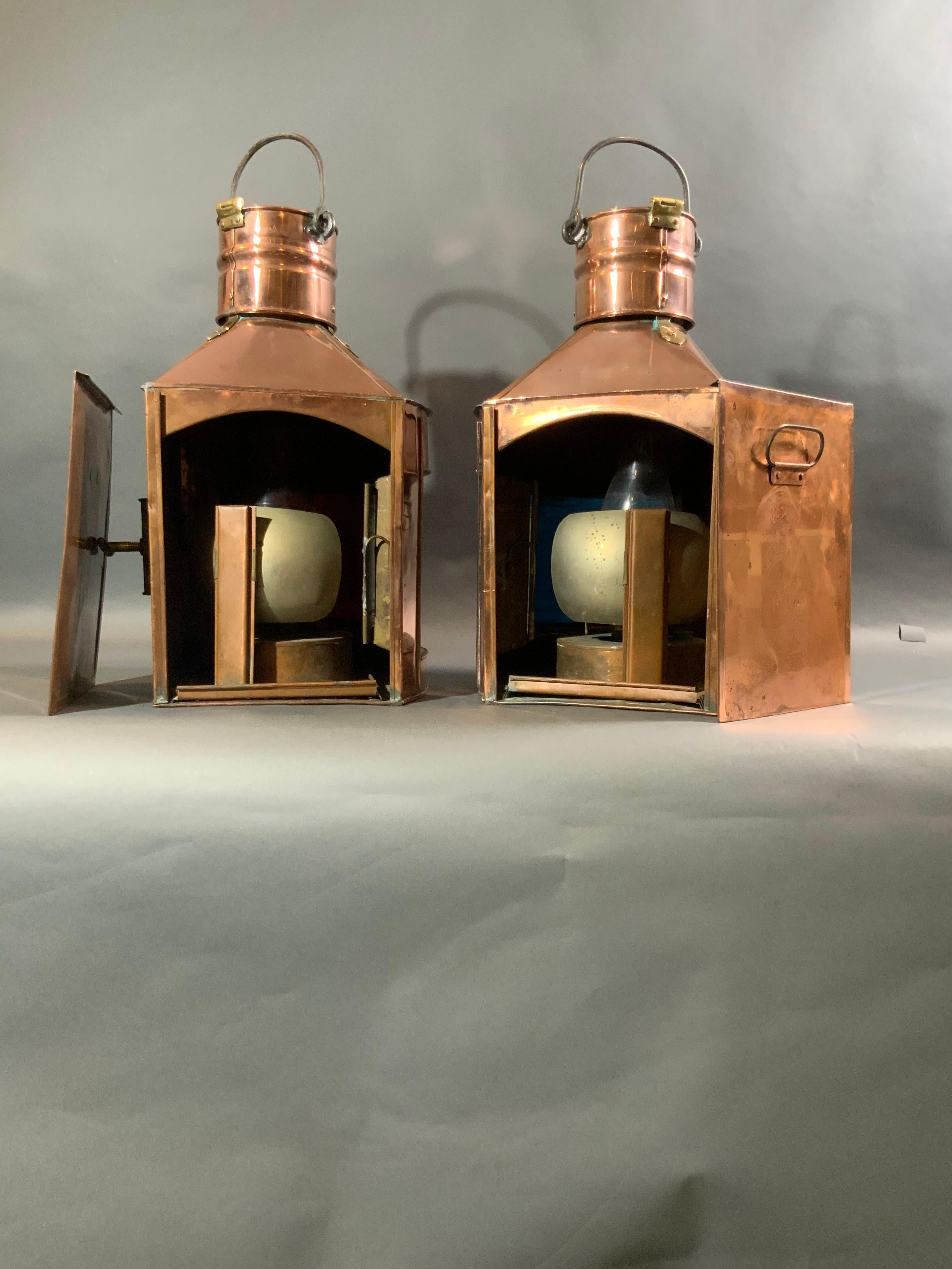 Early 20th Century Scottish Port and Starboard Ship Lanterns of Solid Copper with Brass Trim For Sale