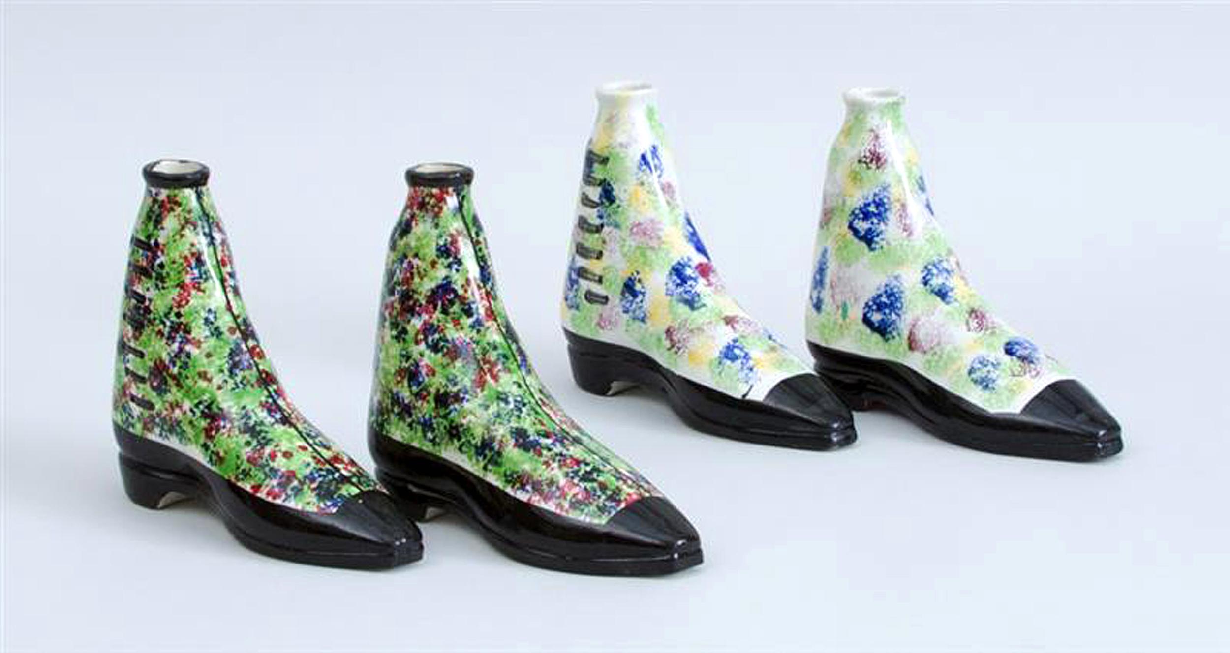 19th Century Scottish Pottery Pearlware Sponged Spirit Flasks Modeled in Form of Boots For Sale