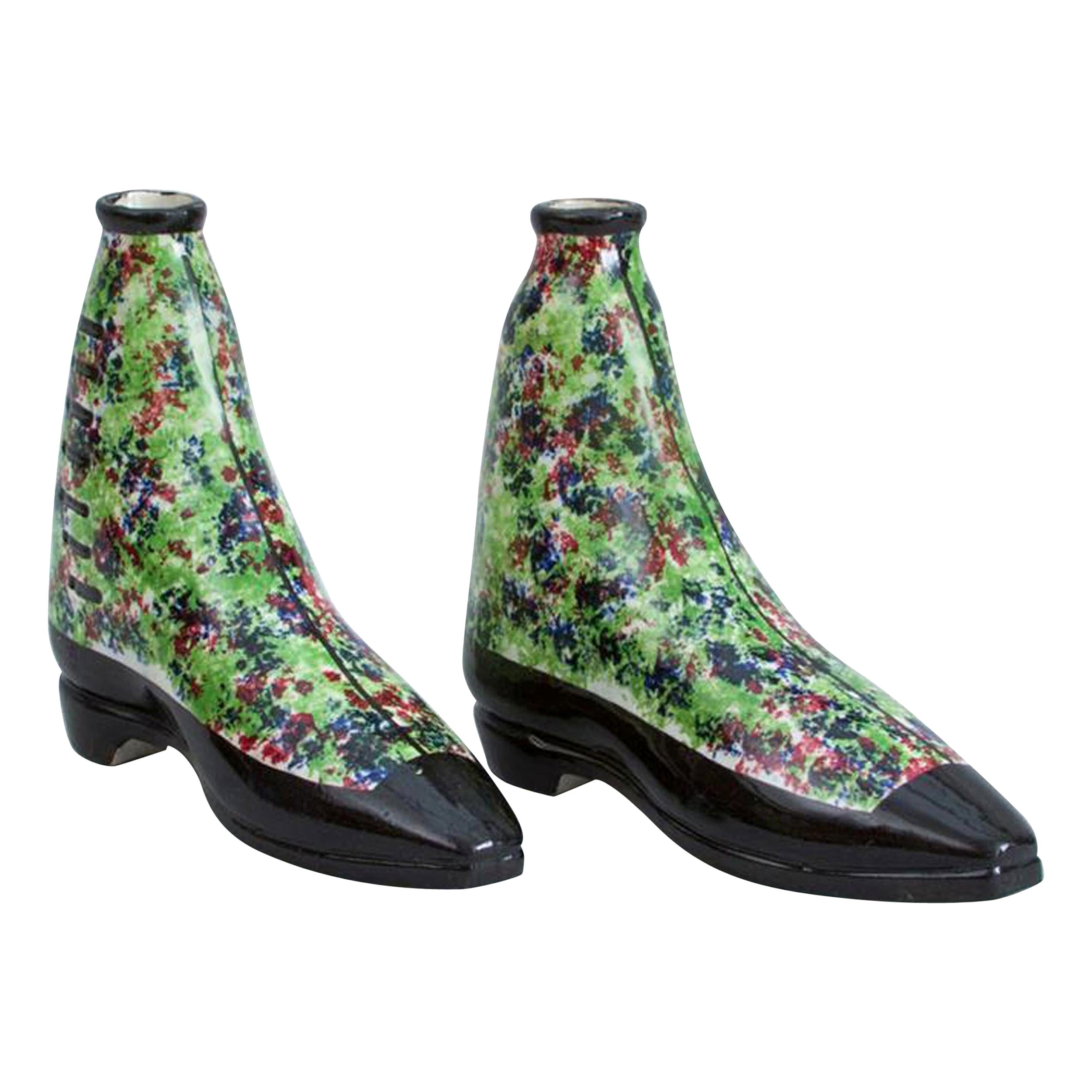 Scottish Pottery Pearlware Sponged Spirit Flasks Modeled in Form of Boots For Sale
