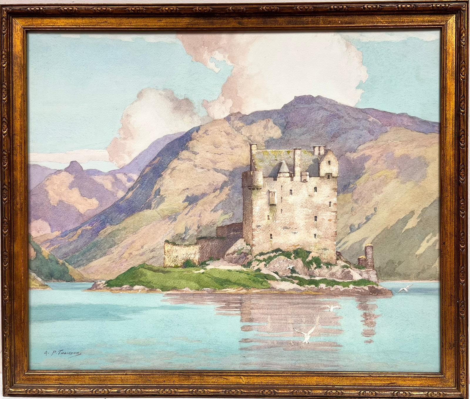Scottish School Landscape Painting - Eilean Donan Castle Scotland Original 1950's Painting Highland Loch Landscape