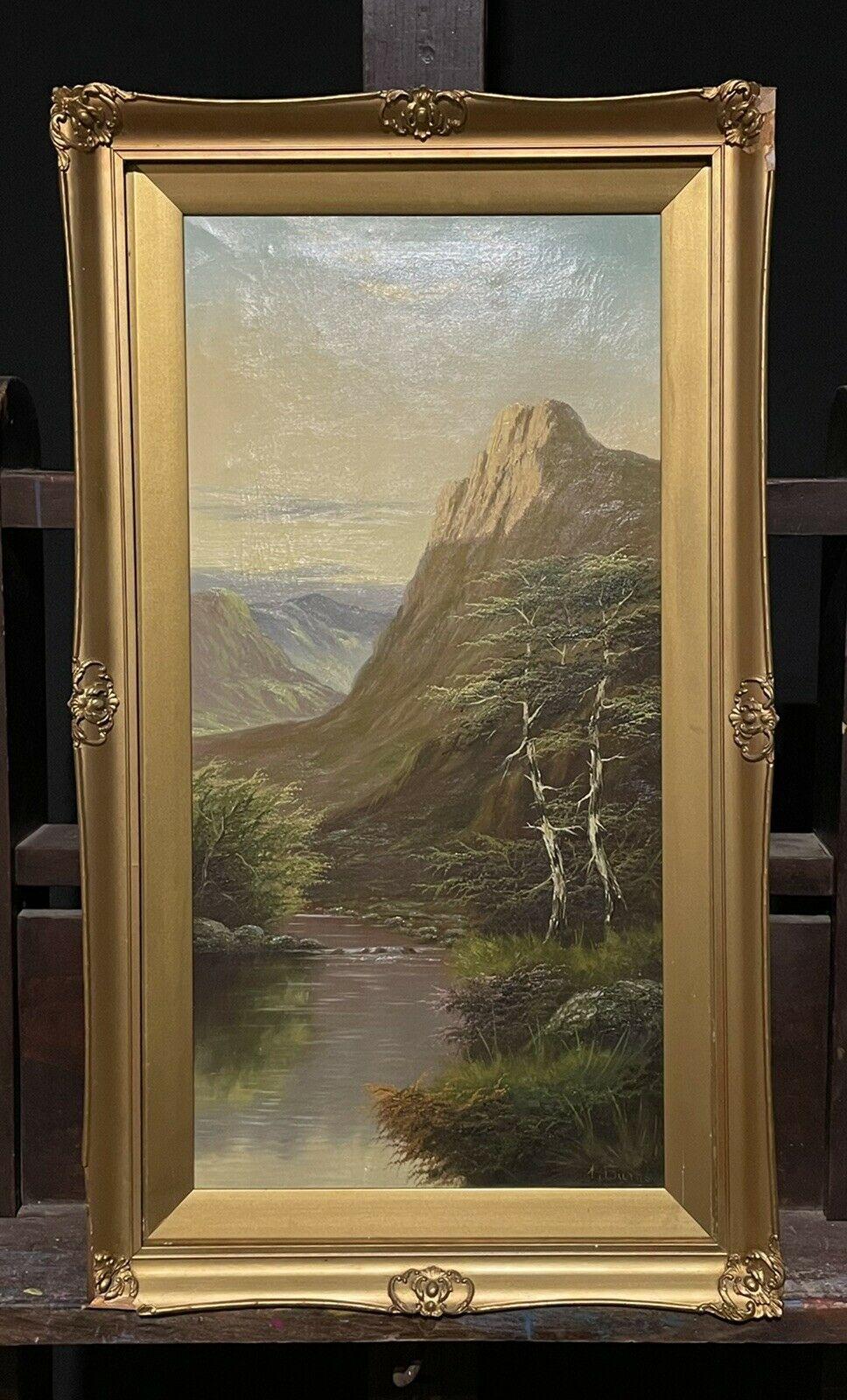ANTIQUE PAIR SCOTTISH HIGHLAND SIGNED OIL PAINTINGS - LOCH SCENES AT SUNSET - Painting by Scottish School
